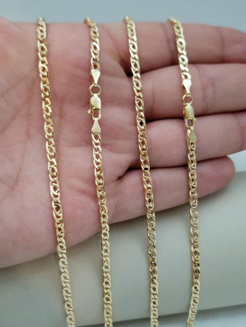 14K Real Gold Tiger Eye Link Chain Necklace: Solid Gold Unisex Jewelry