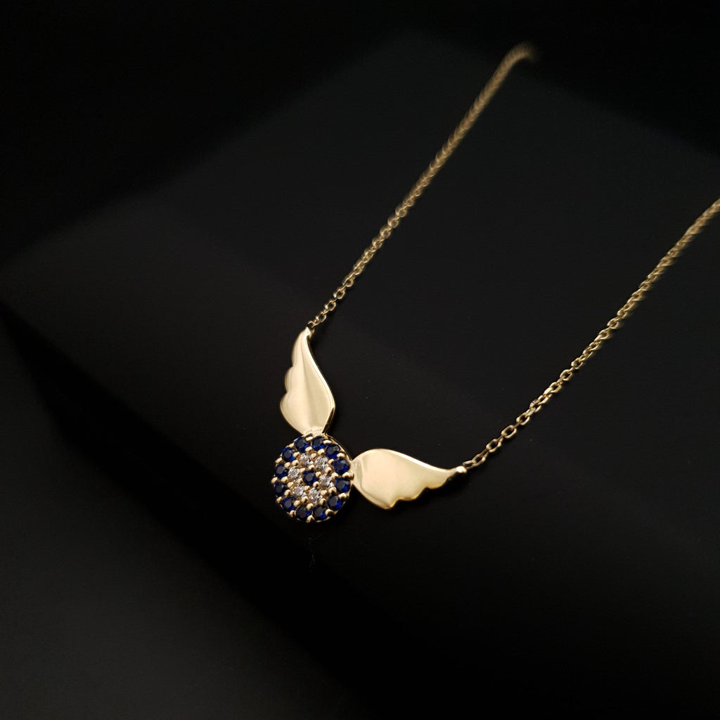 18k Gold Devil Eye Necklace with Wings