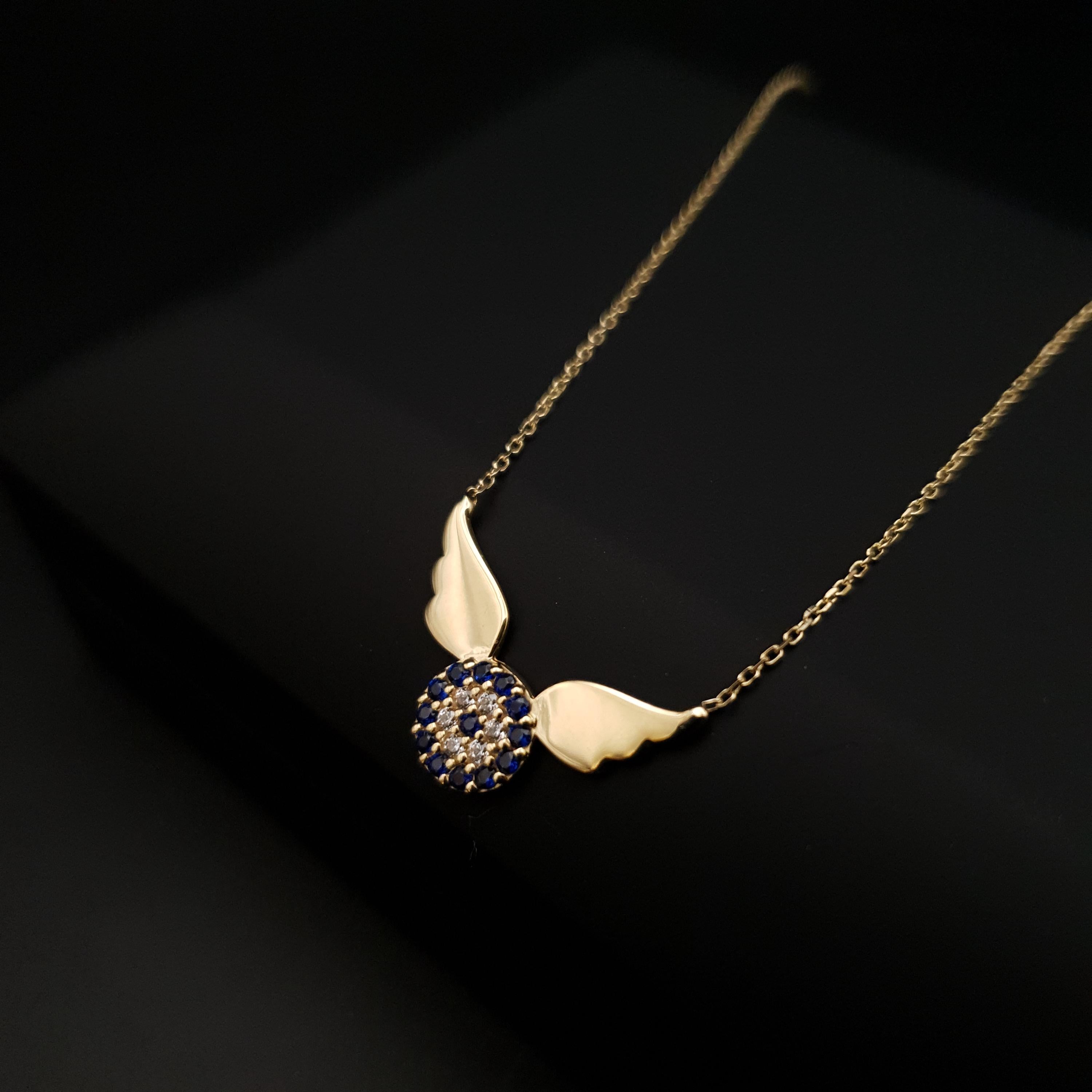 18k Gold Devil Eye Necklace with Wings