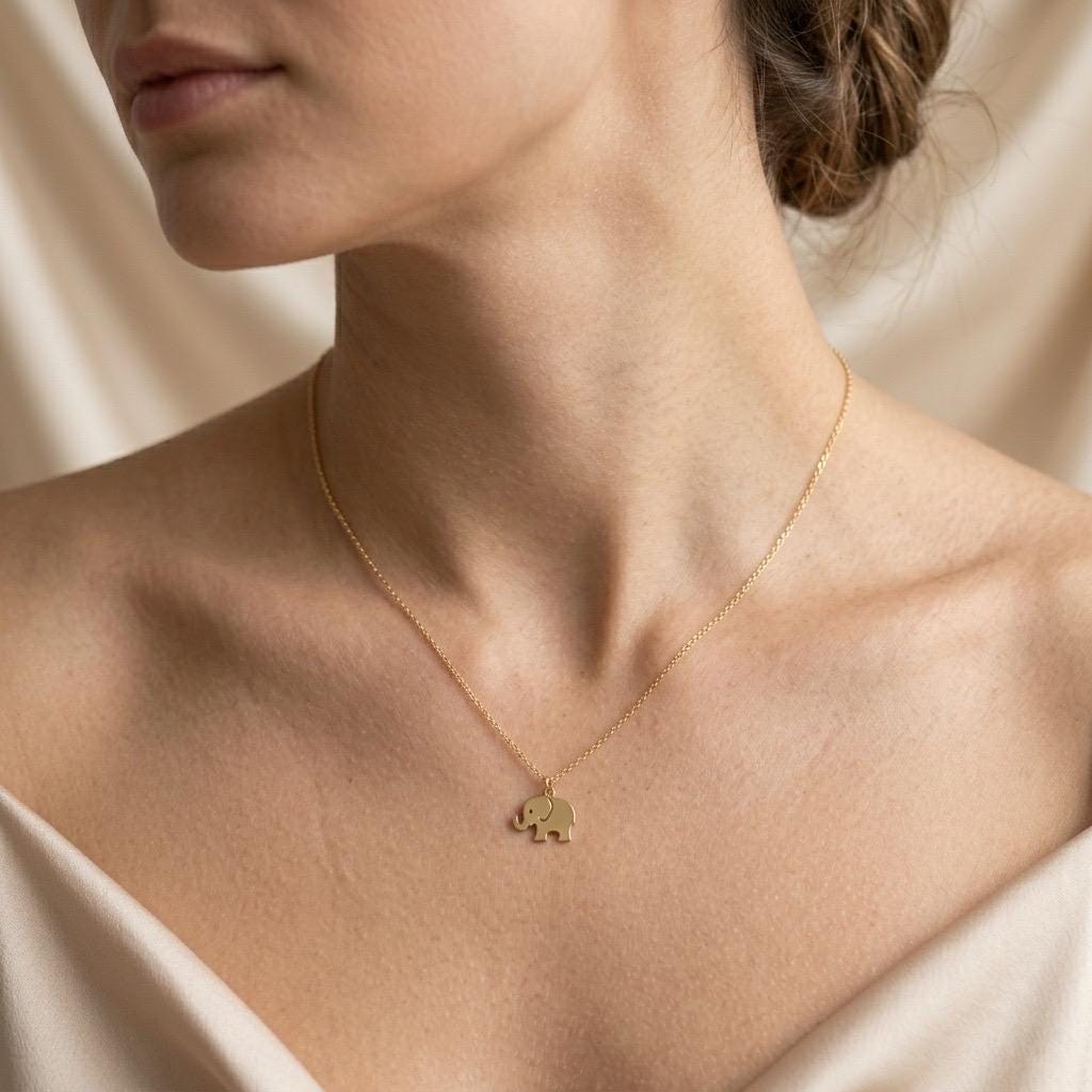 14K Gold Baby Elephant Necklace, Dainty Animal Pendant