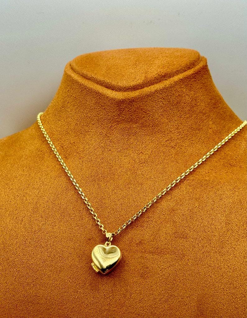 14k Real Gold Heart Locket Necklace, Rolo Chain Photo Memorial Pendant