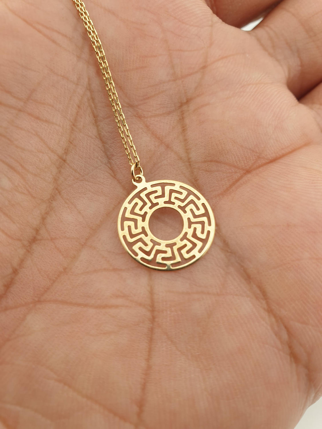14K Gold Greek Medallion Necklace: Geometric Jewelry Gift