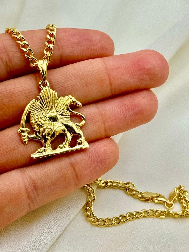 18k Solid Gold Lion and Sun Necklace: Pahlavi Symbol Pendant