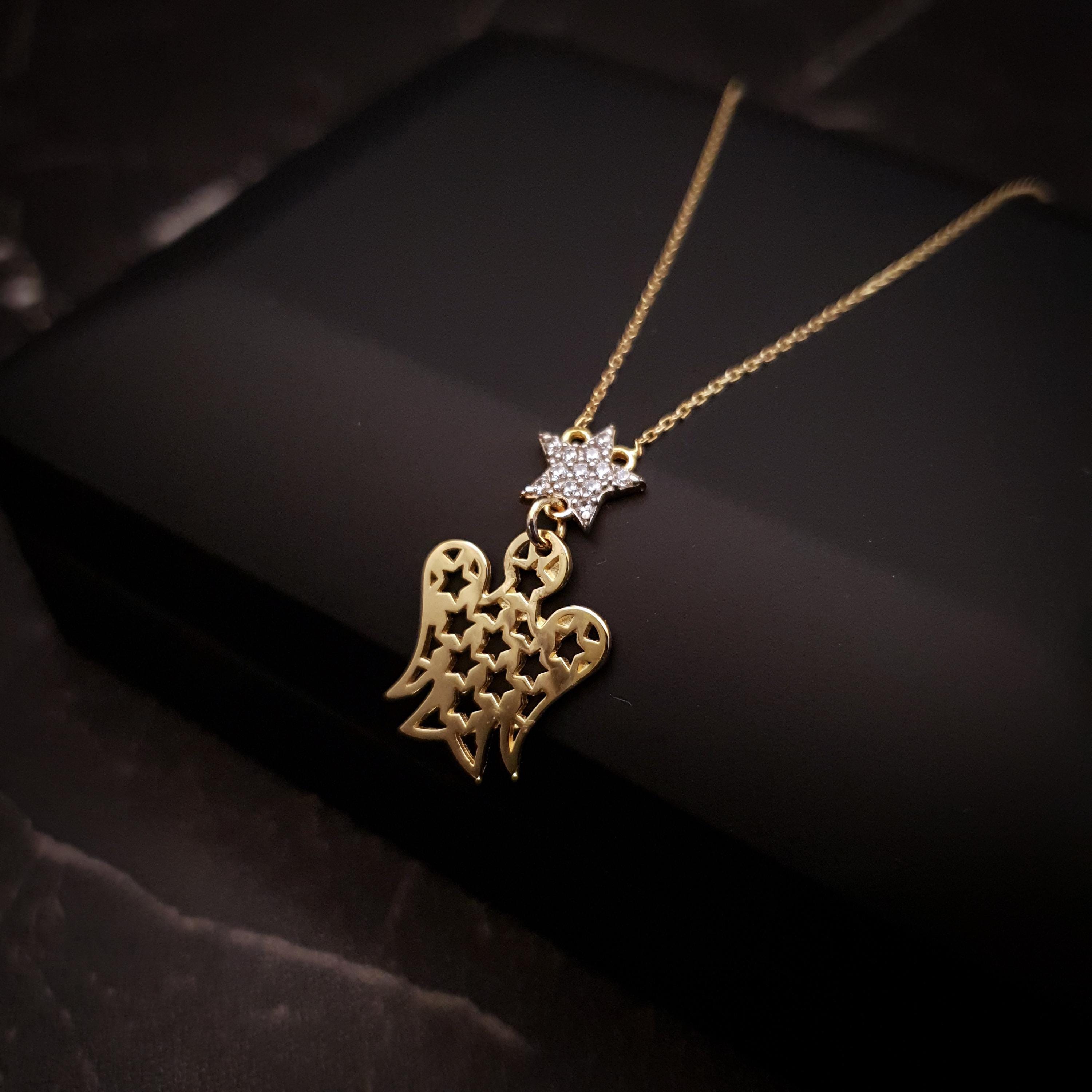 18K Gold Angel and Star Necklace: Delicate Charm Pendant
