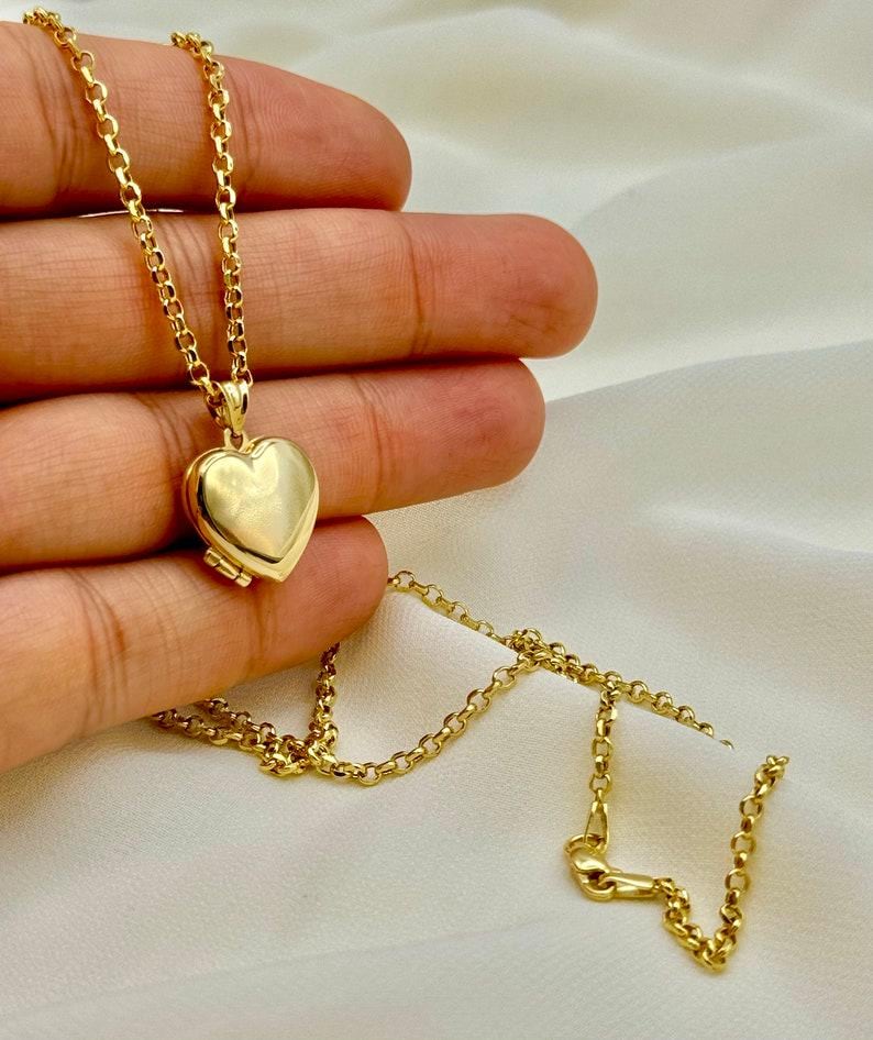 14k Real Gold Heart Locket Necklace, Rolo Chain Photo Memorial Pendant