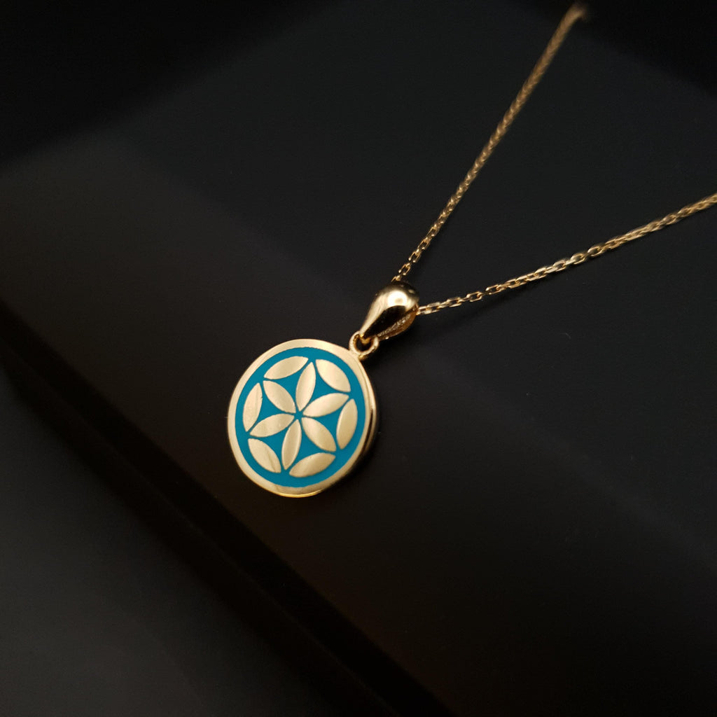 18K Gold Flower of Life Necklace: Turquoise Pendant, 17 inch