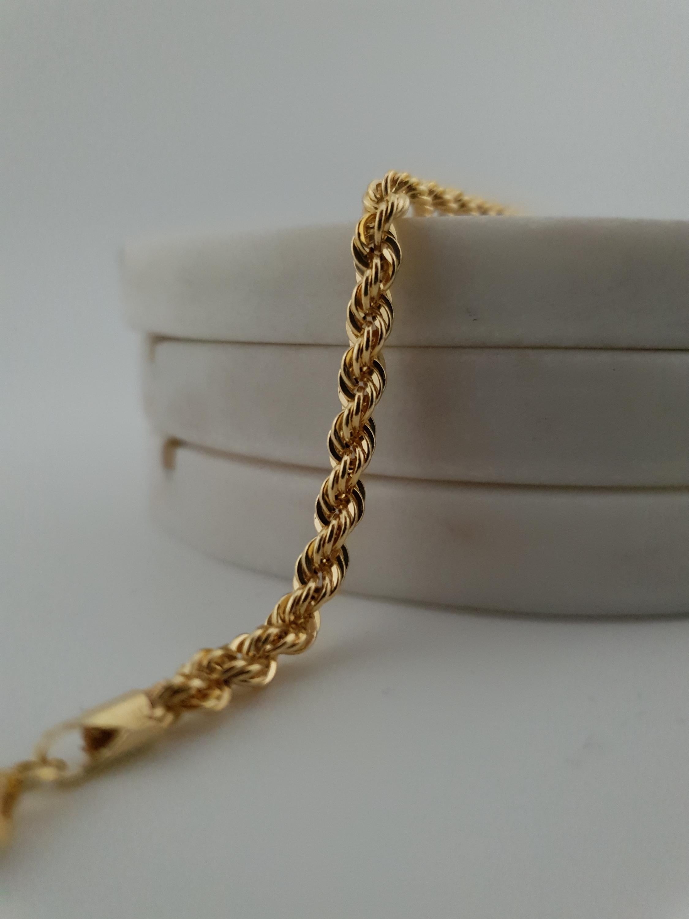 18K Gold Rope Chain Bracelet, 7.5 inch length and 3mm thickness,