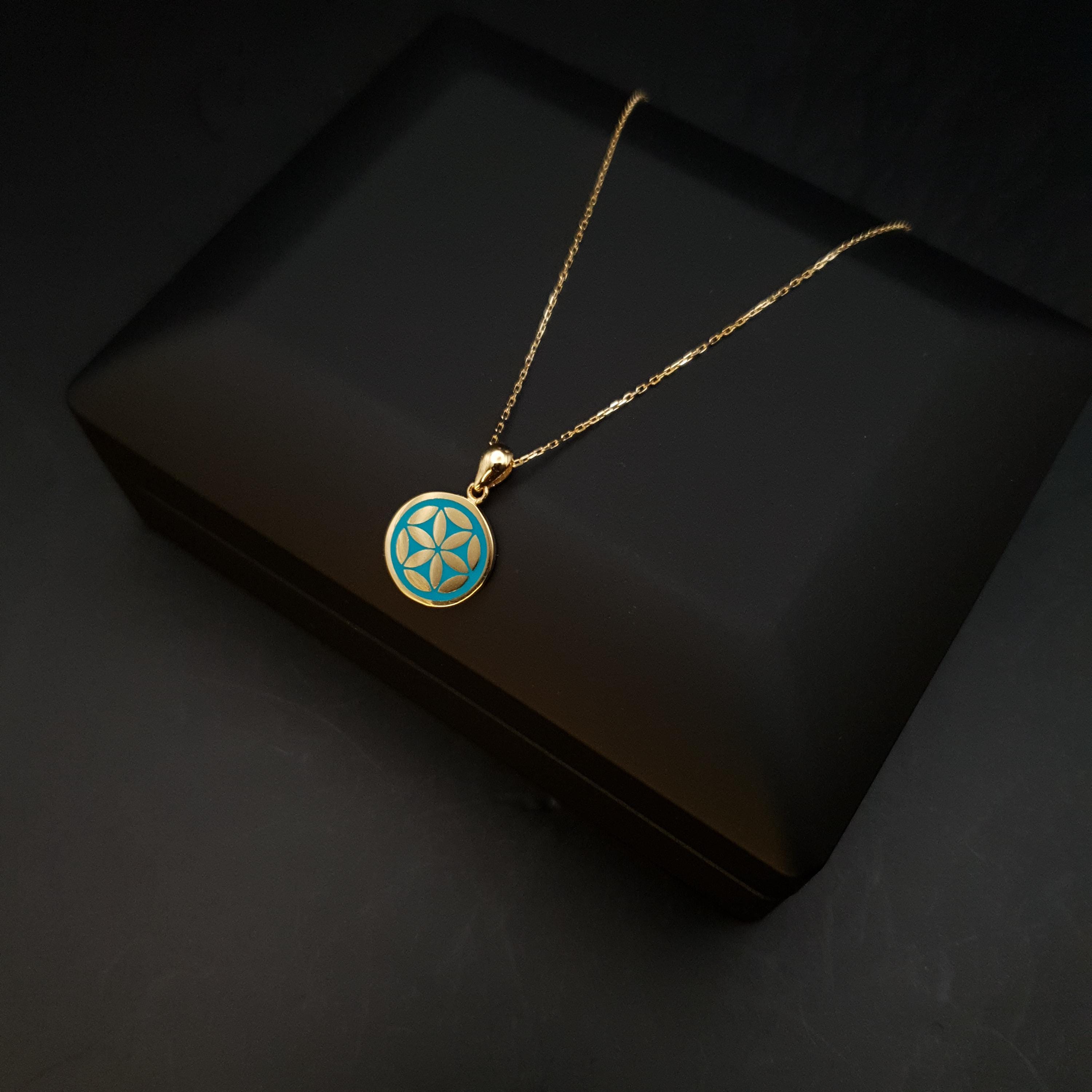 18K Gold Flower of Life Necklace: Turquoise Pendant, 17 inch