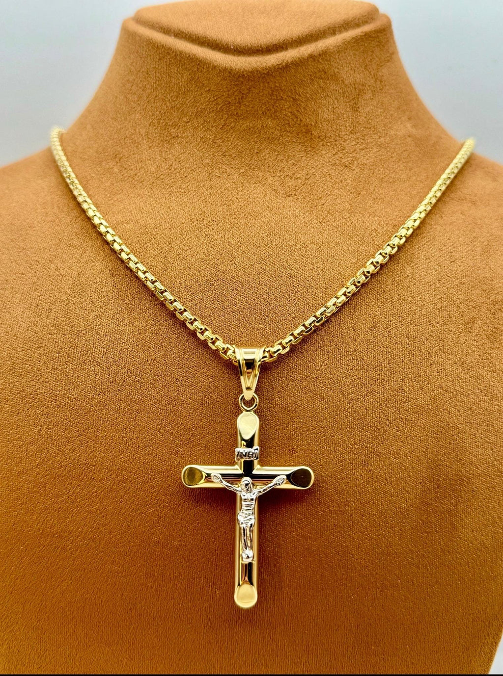 14K Real Gold Cross Necklace with Box Chain, 22 & 24 Inch Length