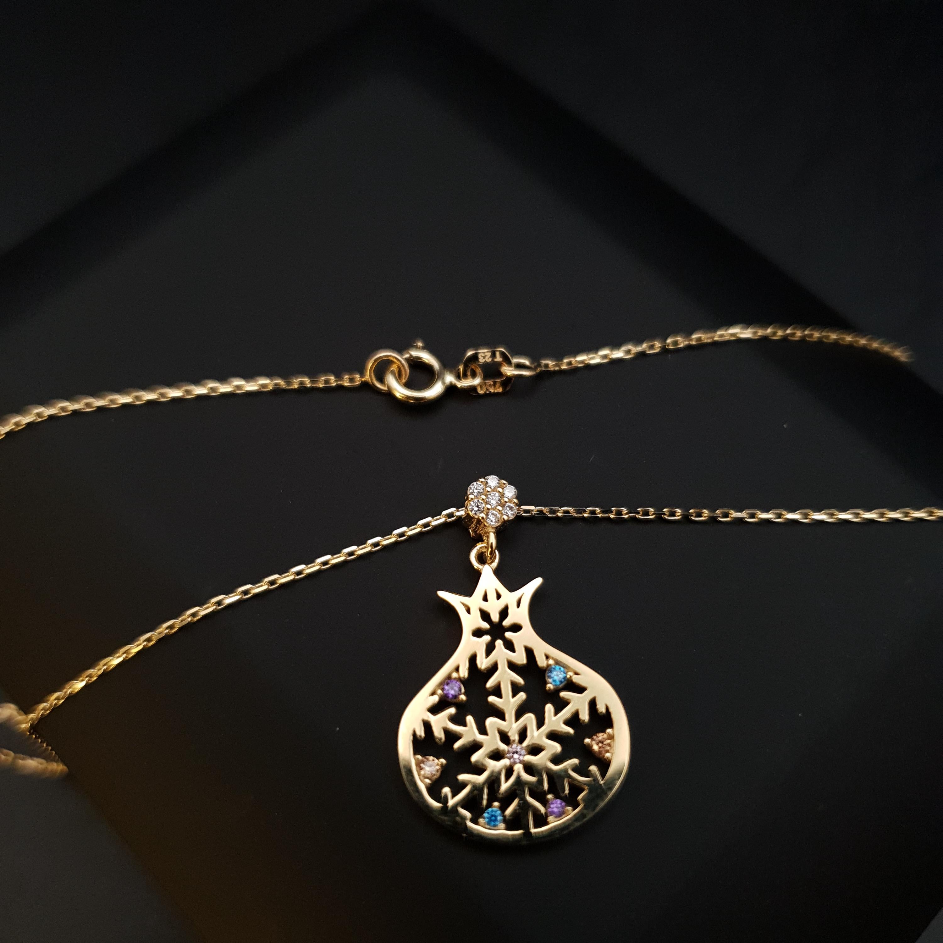 18K Gold Pomegranate Snowflake Necklace, Dainty Pendant