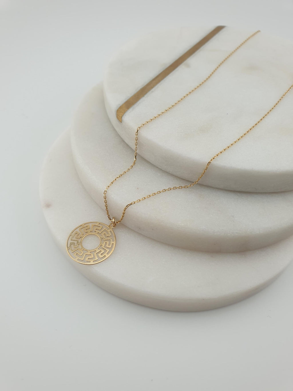 14K Gold Greek Medallion Necklace: Geometric Jewelry Gift