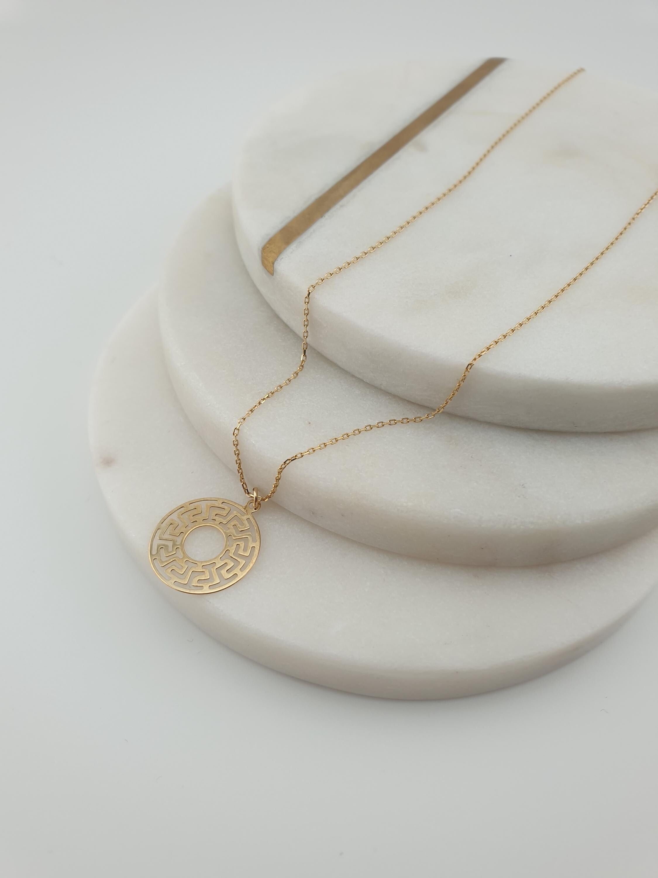 14K Gold Greek Medallion Necklace: Geometric Jewelry Gift