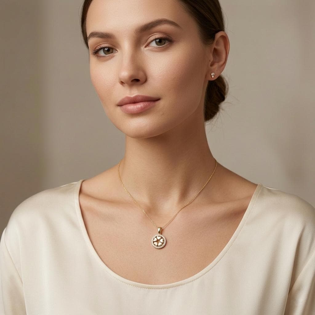 14k Real Gold Floral Heart Necklace: Circle Charm, 17 inch