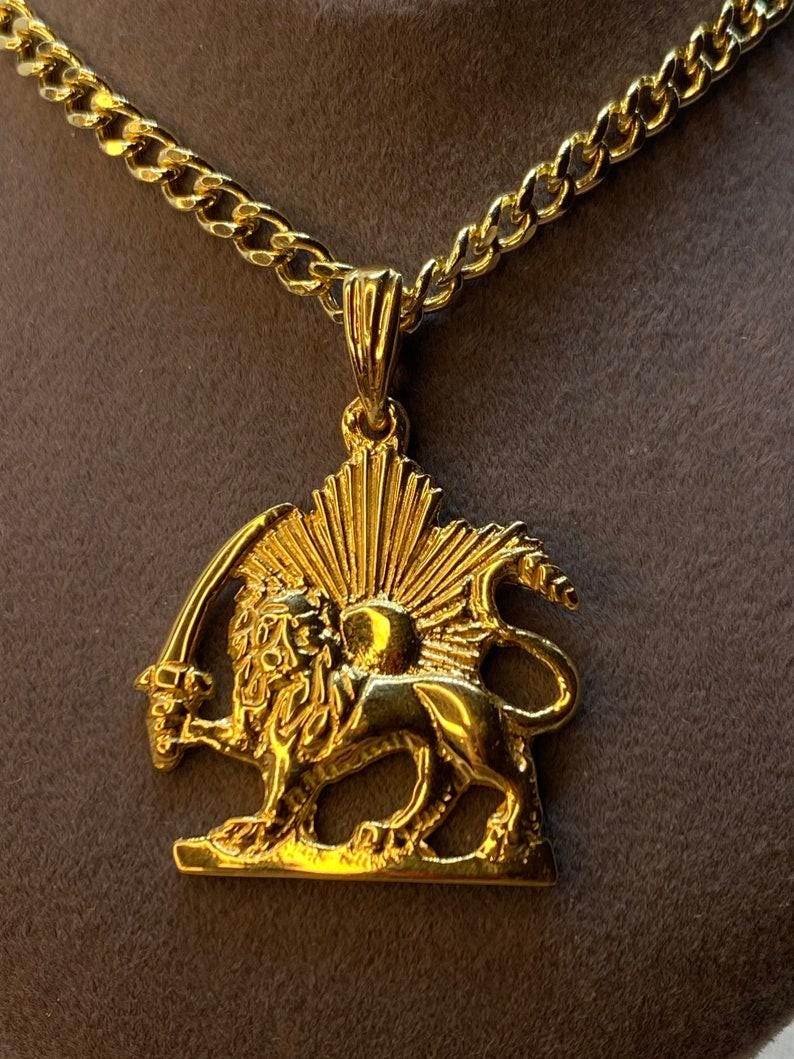 18k Solid Gold Lion and Sun Necklace: Pahlavi Symbol Pendant