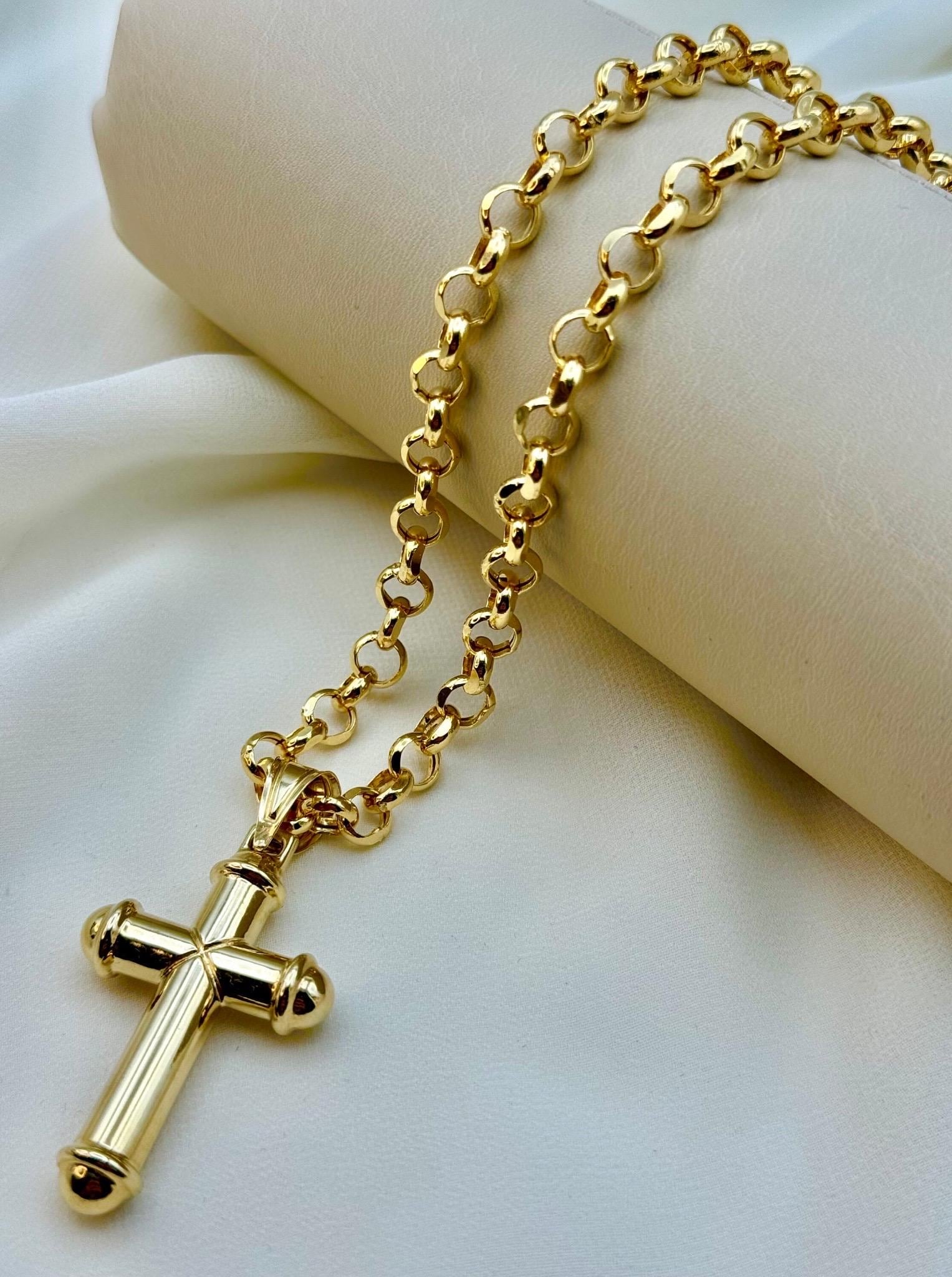 14k Real Gold Cross Necklace: Chunky Rolo Chain, Nice Gift