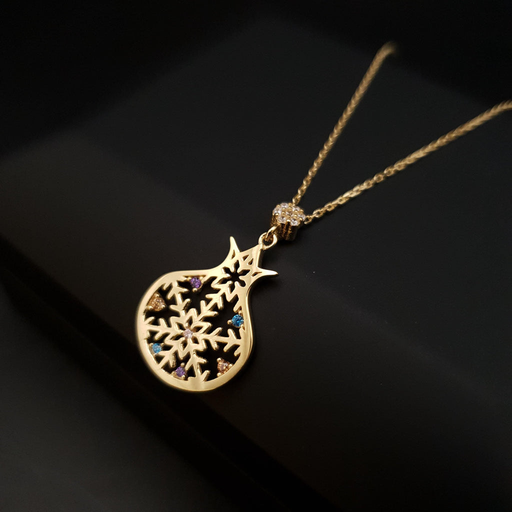 18K Gold Pomegranate Snowflake Necklace, Dainty Pendant