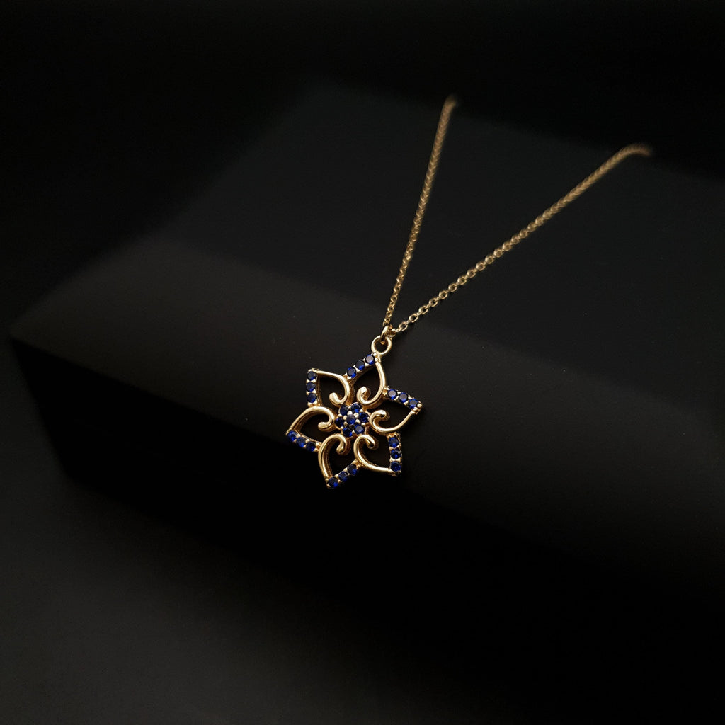 18K Gold Floral Pendant Necklace: Dark Blue Cubic Zirconia