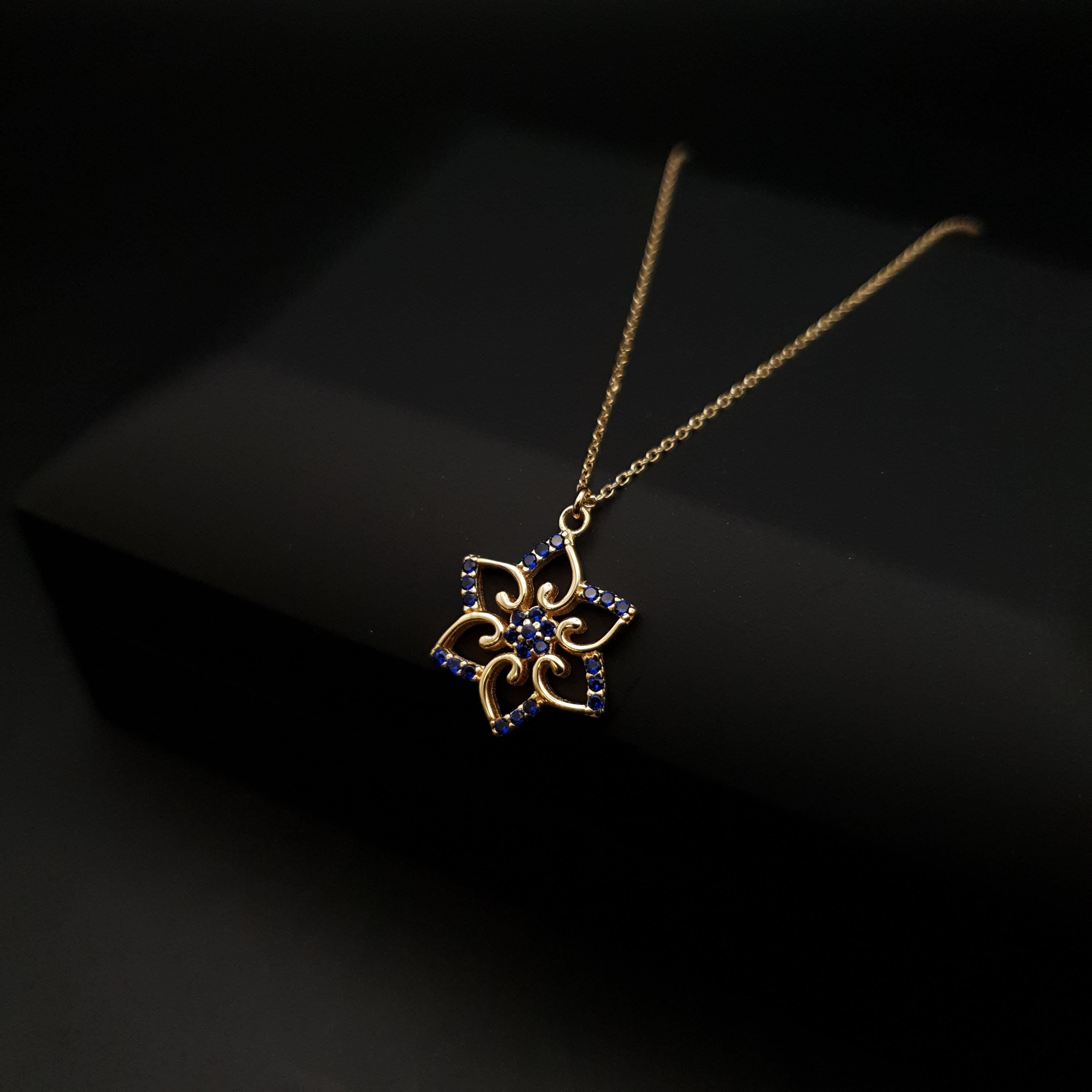 18K Gold Floral Pendant Necklace: Dark Blue Cubic Zirconia