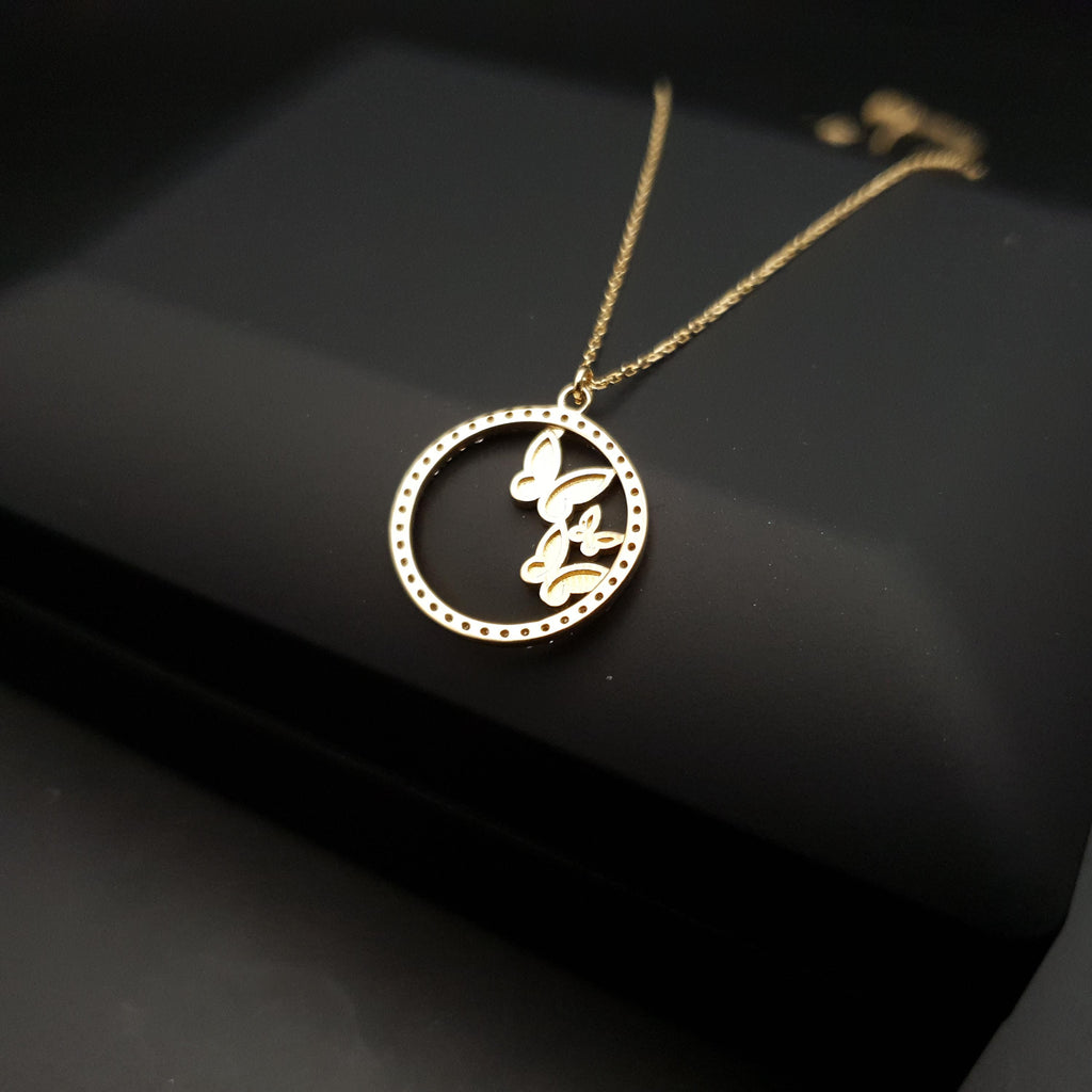 18K Gold Butterfly Necklace: Circle Pendant, Delicate Jewelry