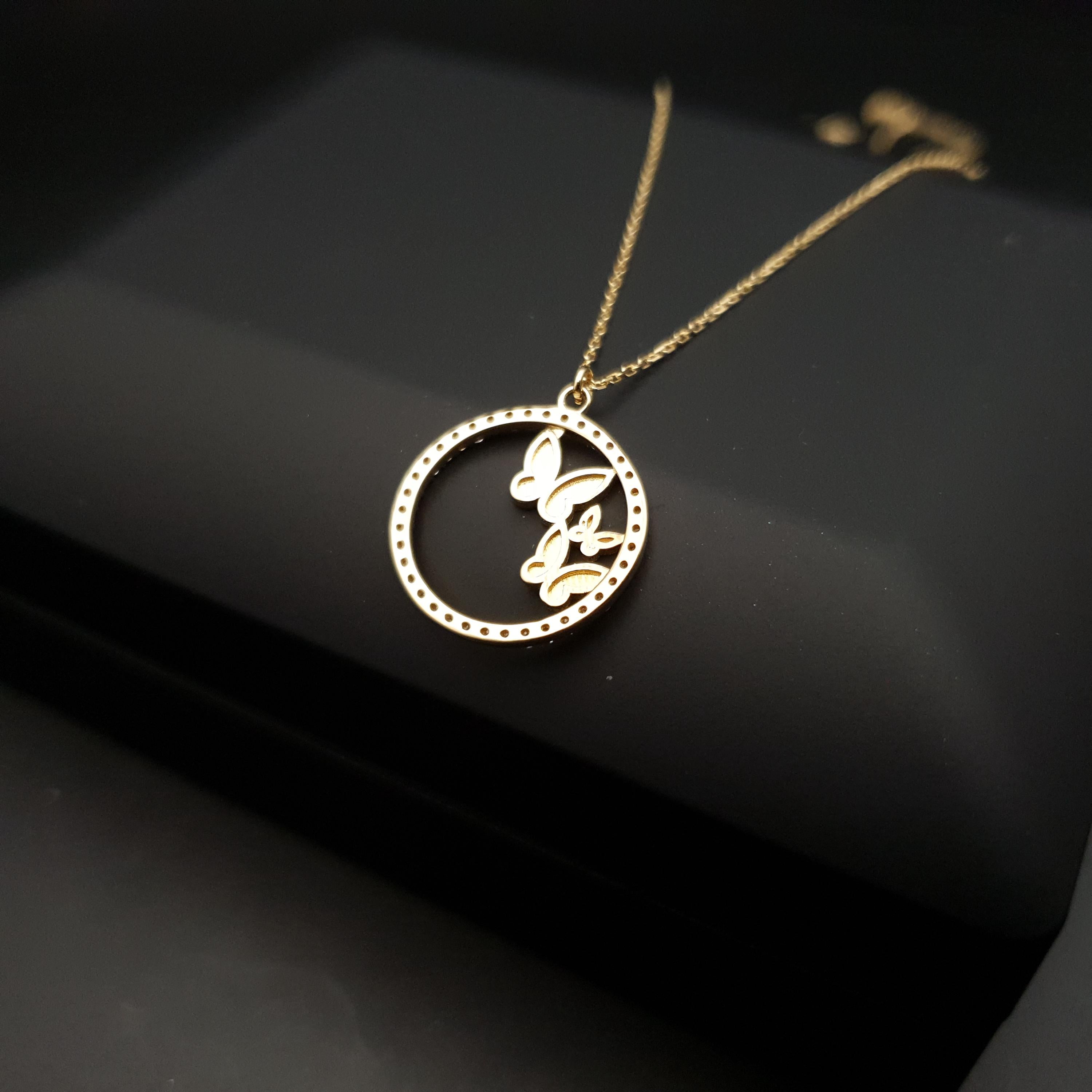 18K Gold Butterfly Necklace: Circle Pendant, Delicate Jewelry