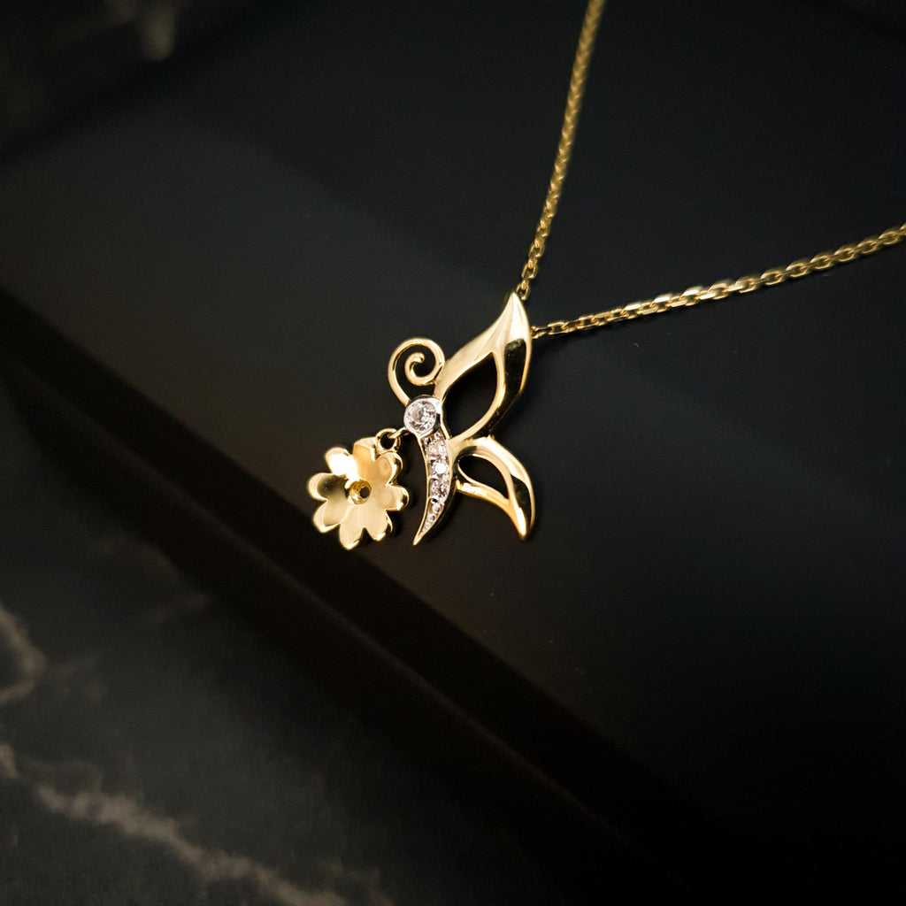 18K Gold Butterfly Necklace with Flower Accent