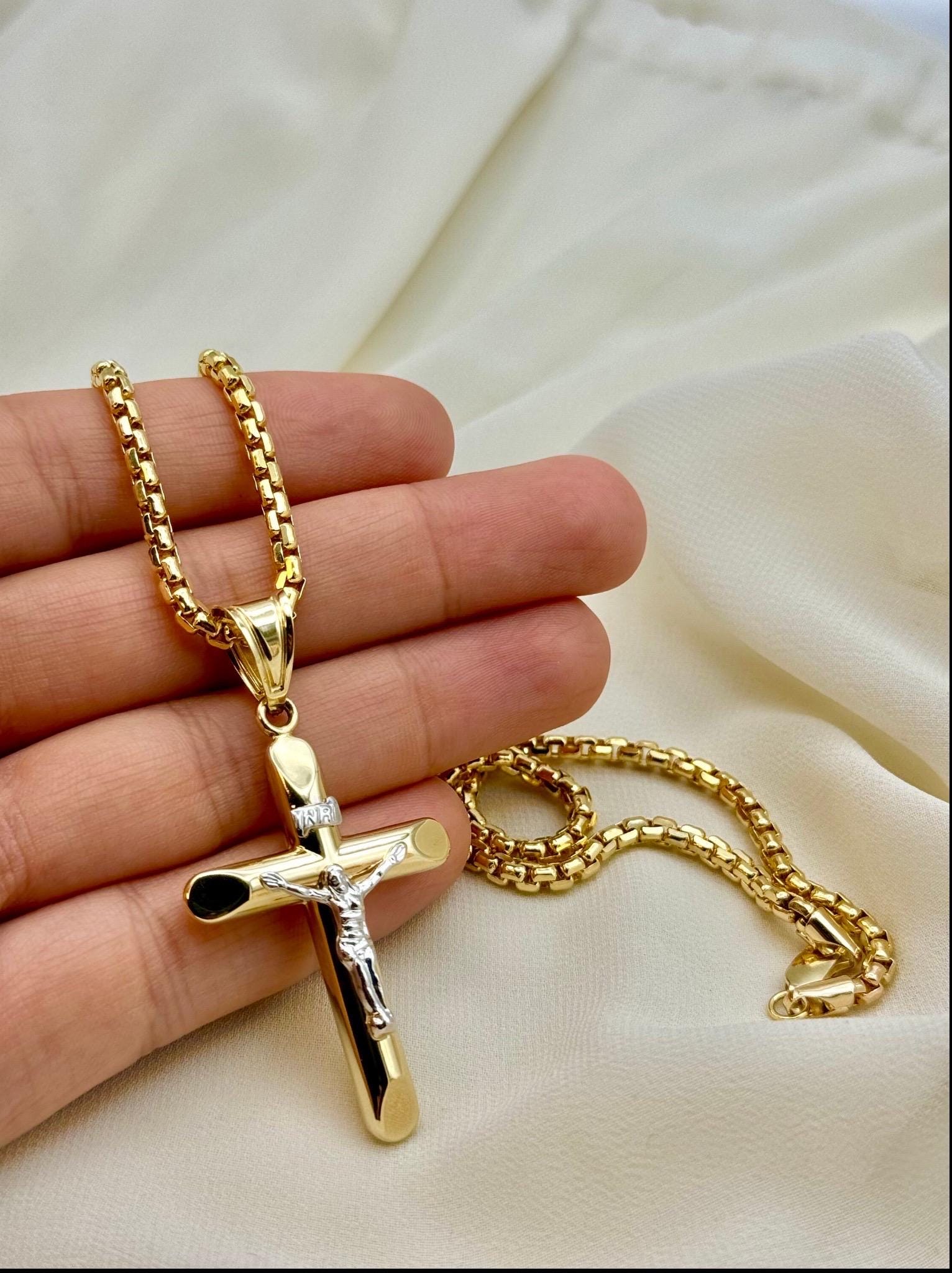 14K Real Gold Cross Necklace with Box Chain, 22 & 24 Inch Length