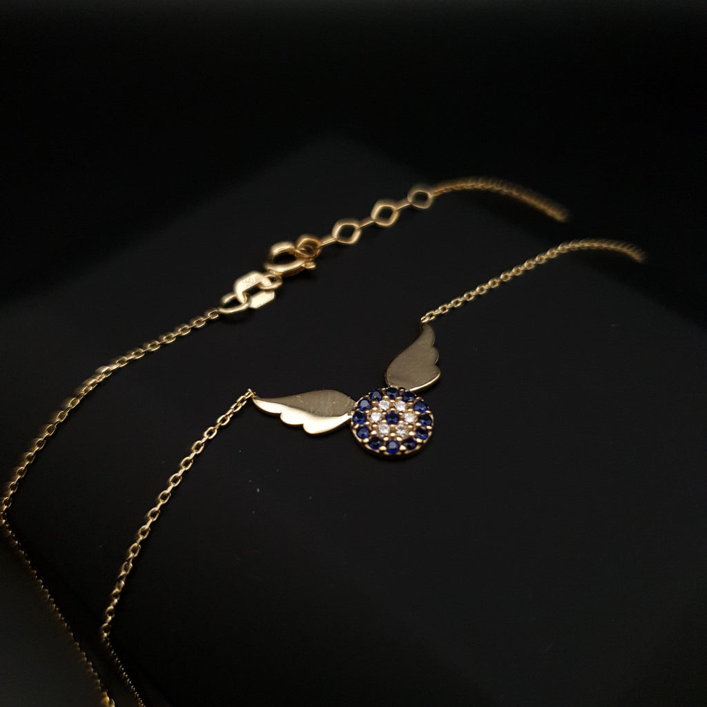 18k Gold Devil Eye Necklace with Wings