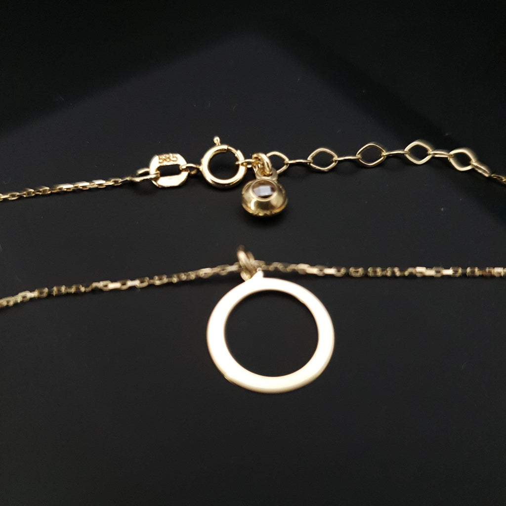 14K Gold Ring Necklace: Minimalist Circle Pendant, 18 inch Chain