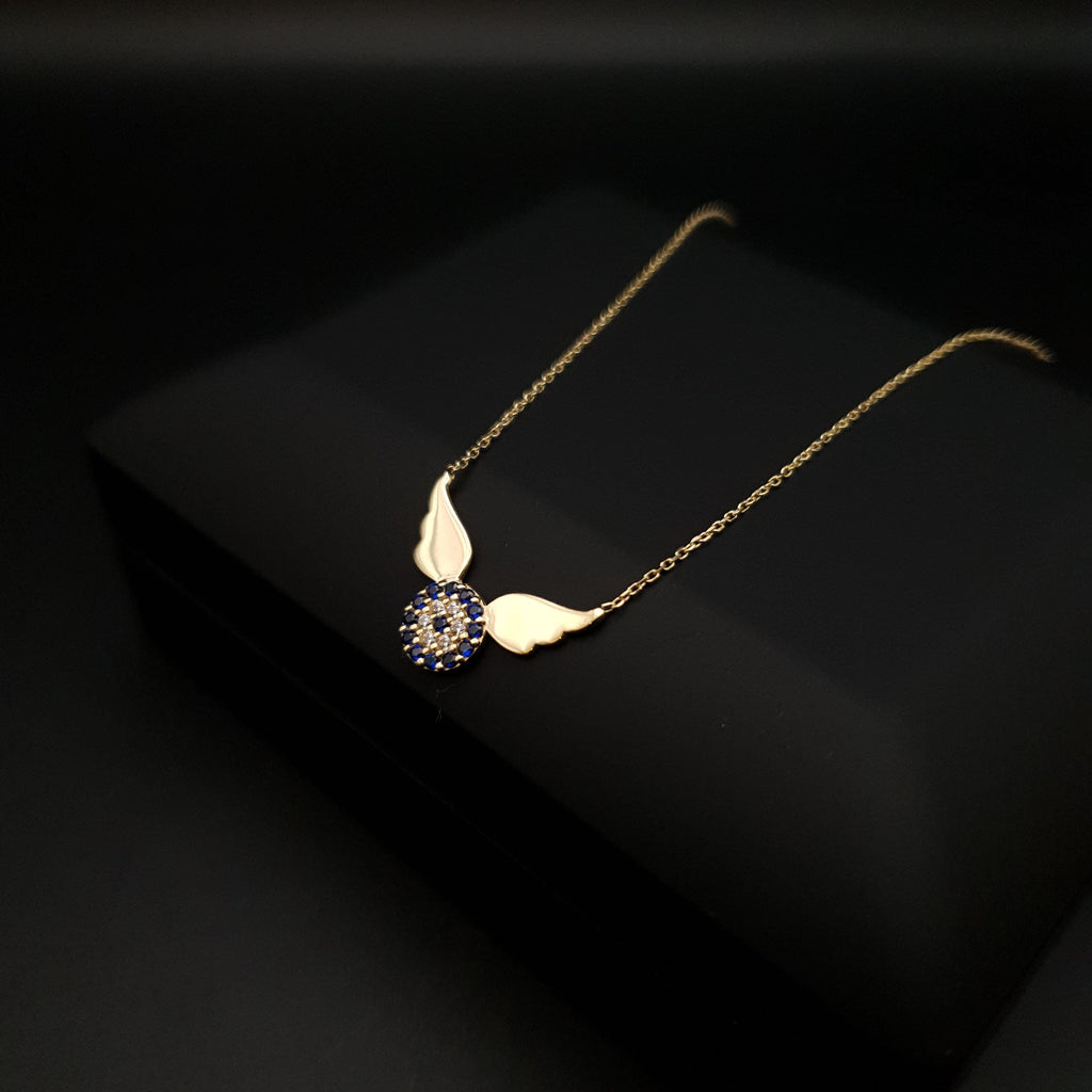 18k Gold Devil Eye Necklace with Wings