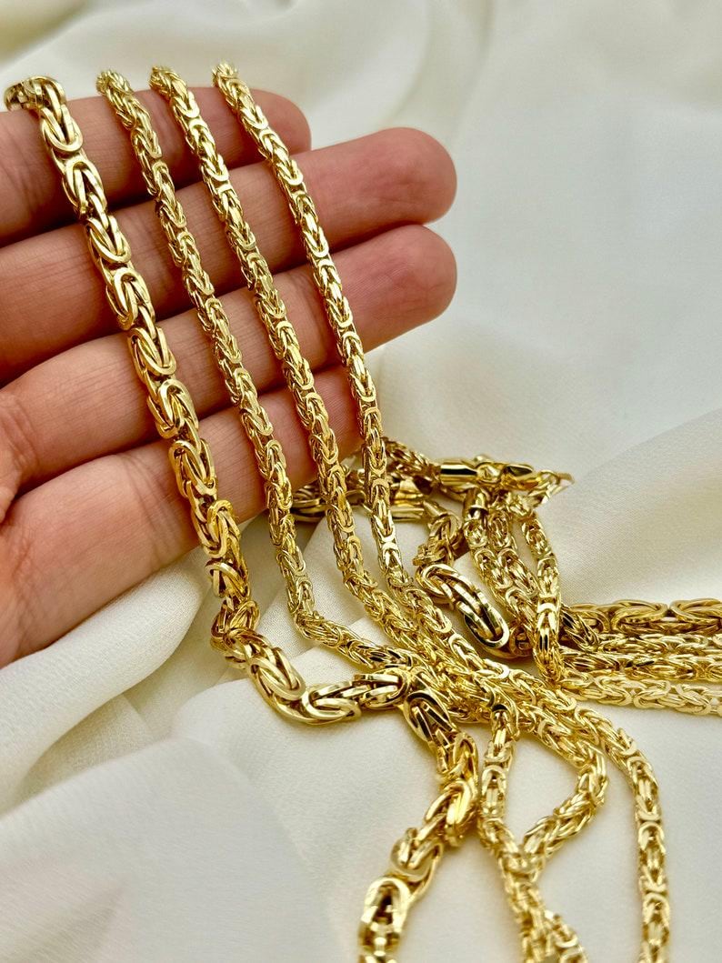 14K Real Gold Byzantine Chain Necklace: 3mm - 5mm Thickness. Everyday gold jewelry