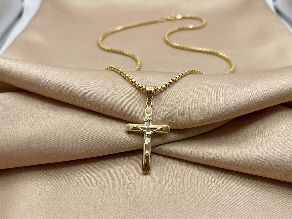 14K Real Gold Cross Necklace with Box Chain, 22 & 24 Inch Length