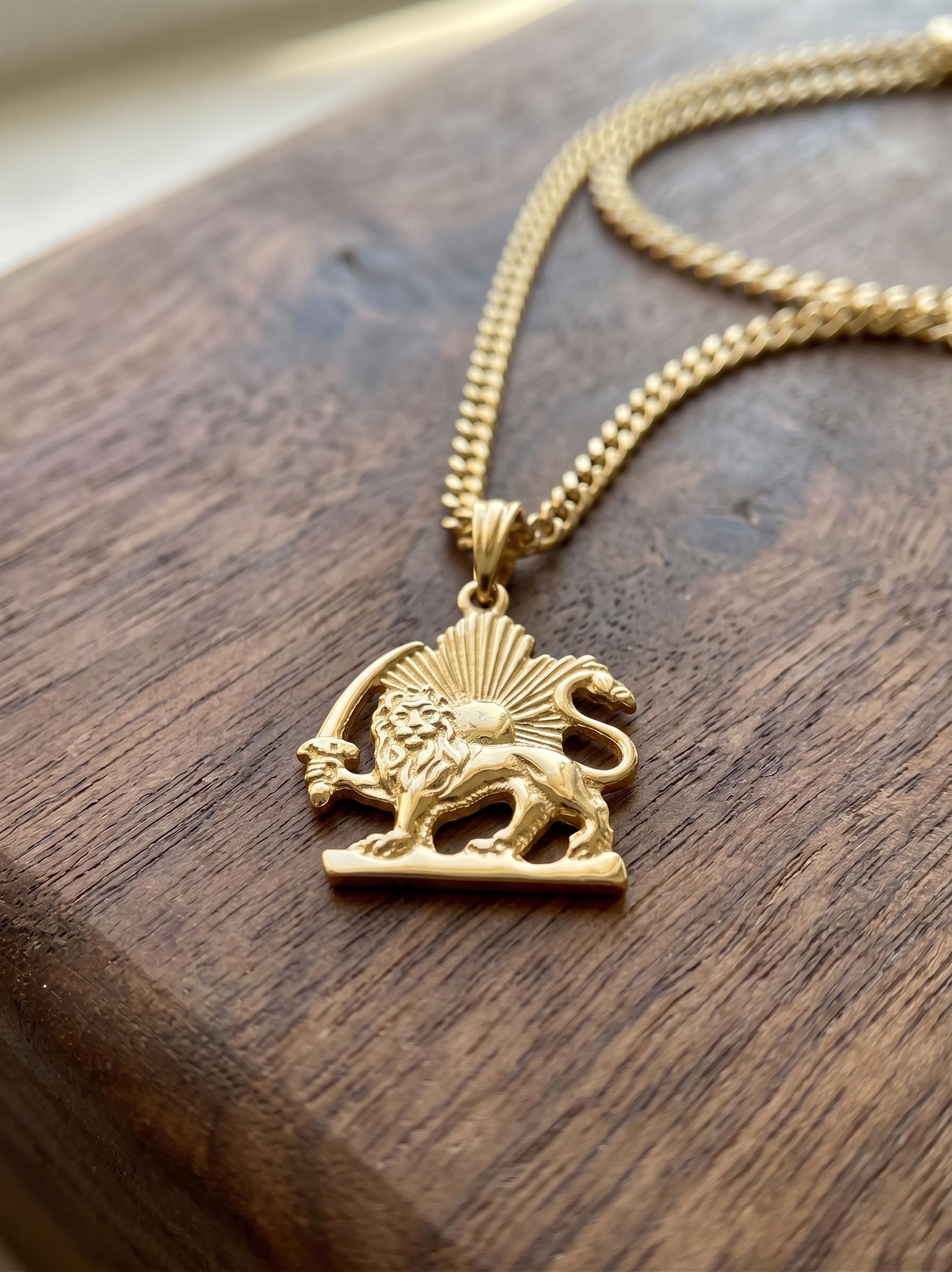 18k Solid Gold Lion and Sun Necklace: Pahlavi Symbol Pendant