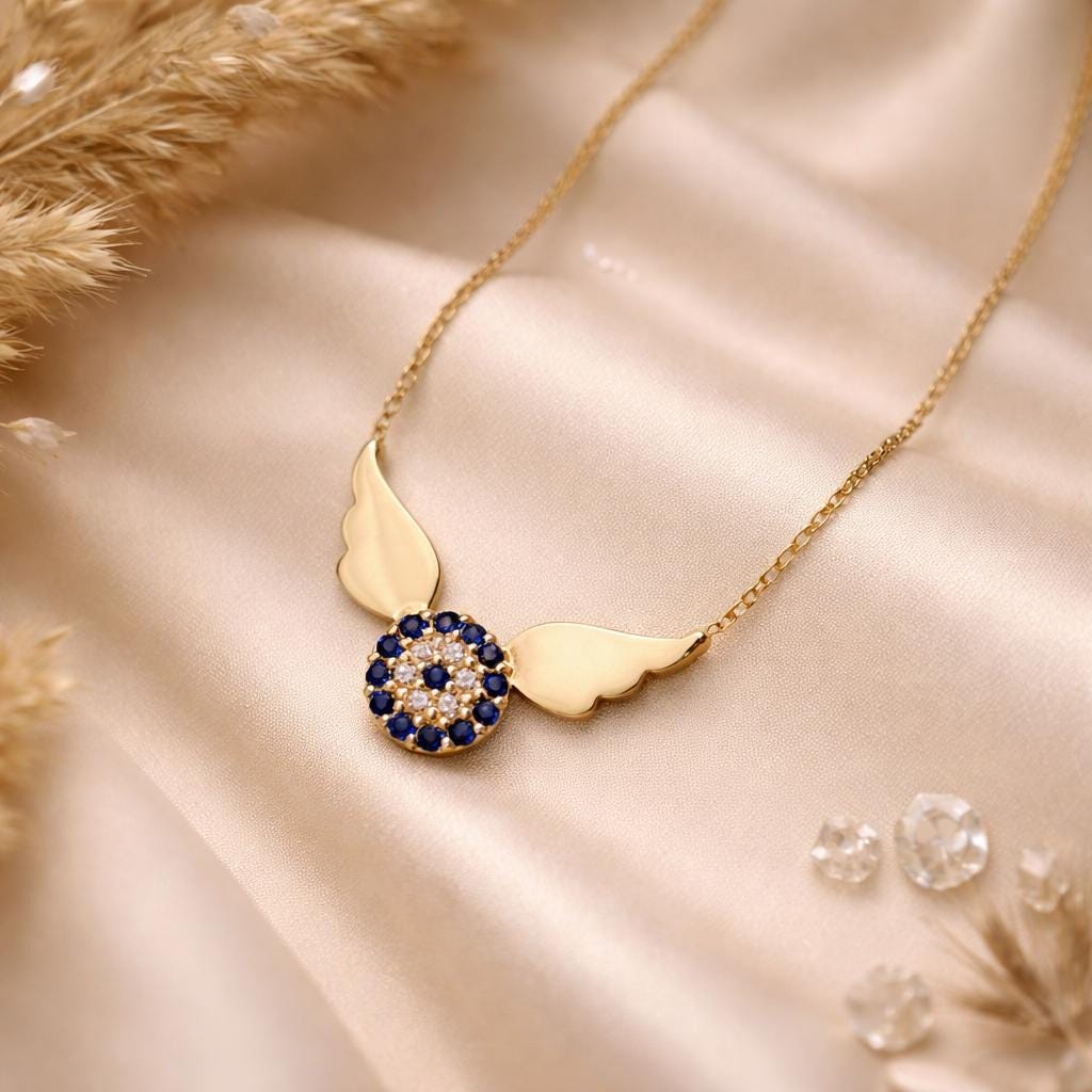 18k Gold Devil Eye Necklace with Wings