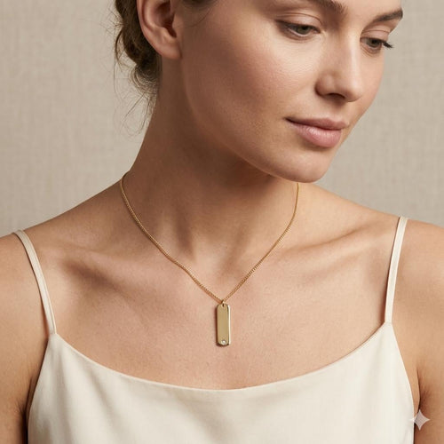 14K Gold Rectangle Plate Necklace with Charm