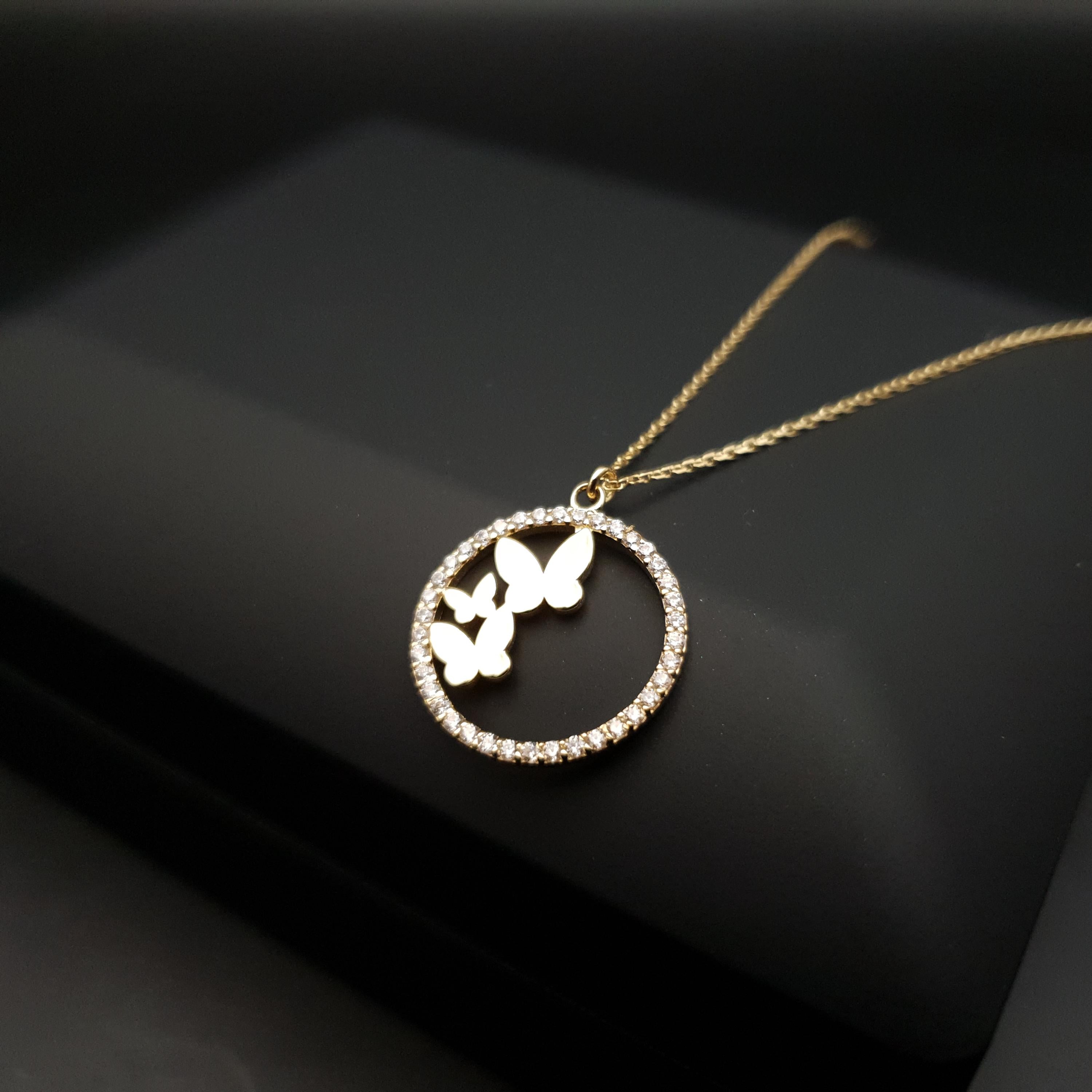18K Gold Butterfly Necklace: Circle Pendant, Delicate Jewelry