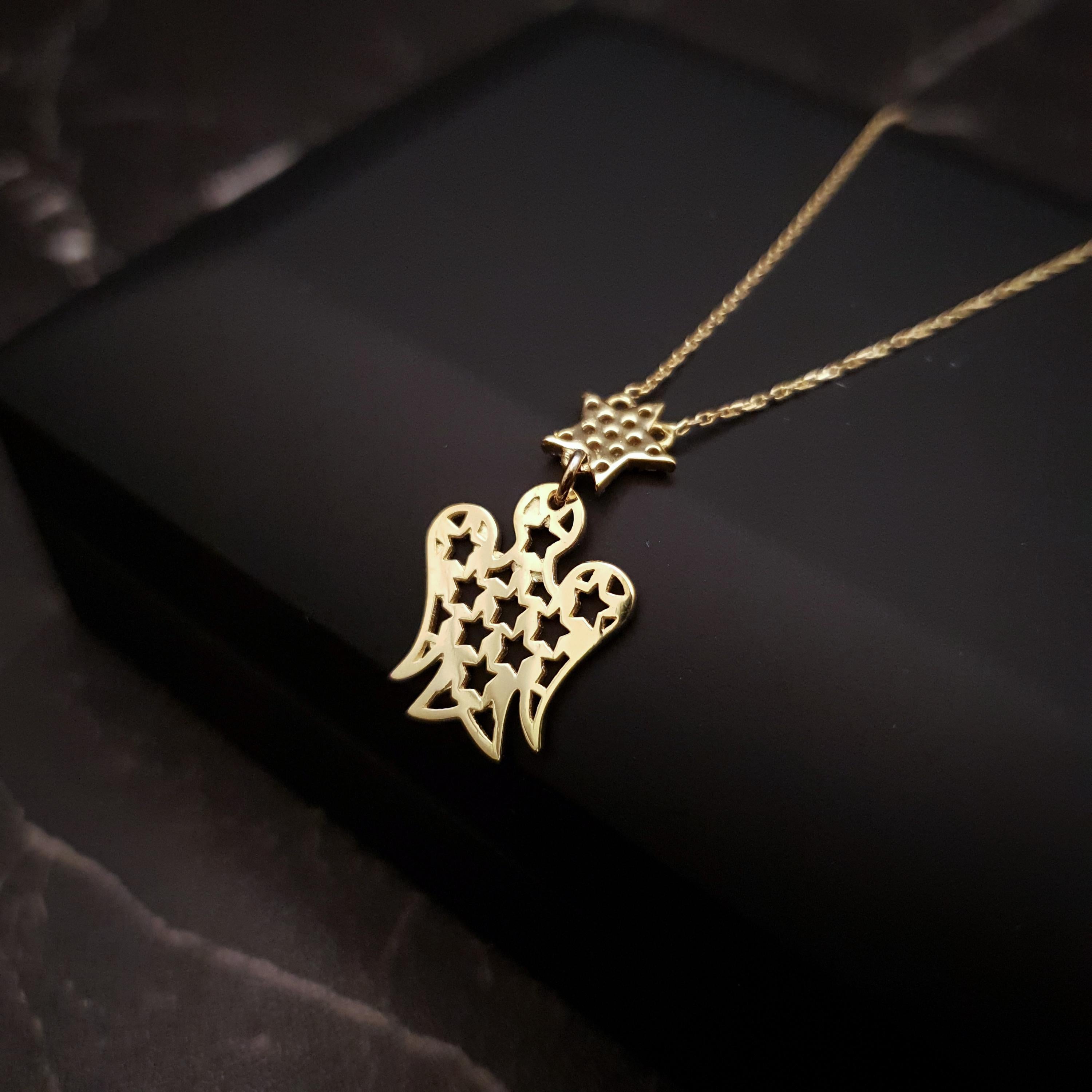 18K Gold Angel and Star Necklace: Delicate Charm Pendant