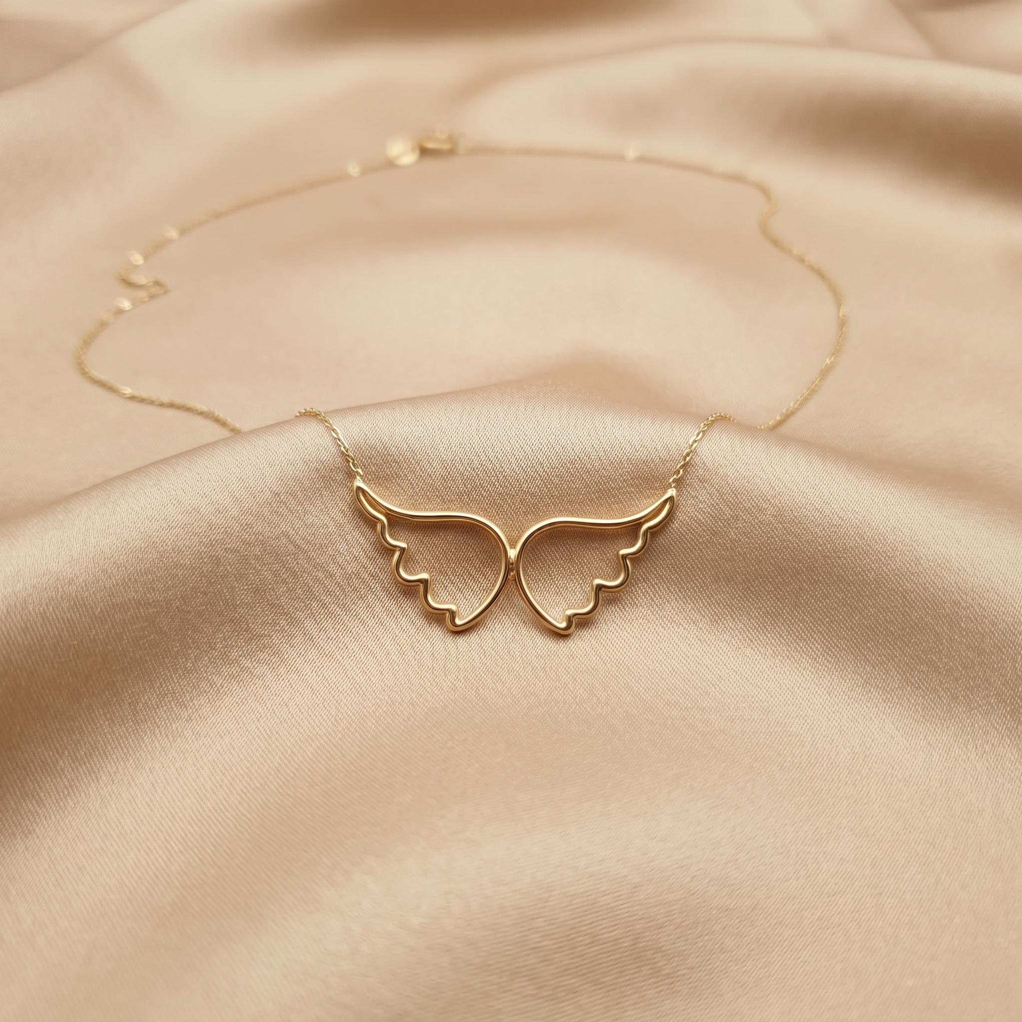 18K Gold Angel Wing Necklace: Delicate Pendant, 18 inch Chain