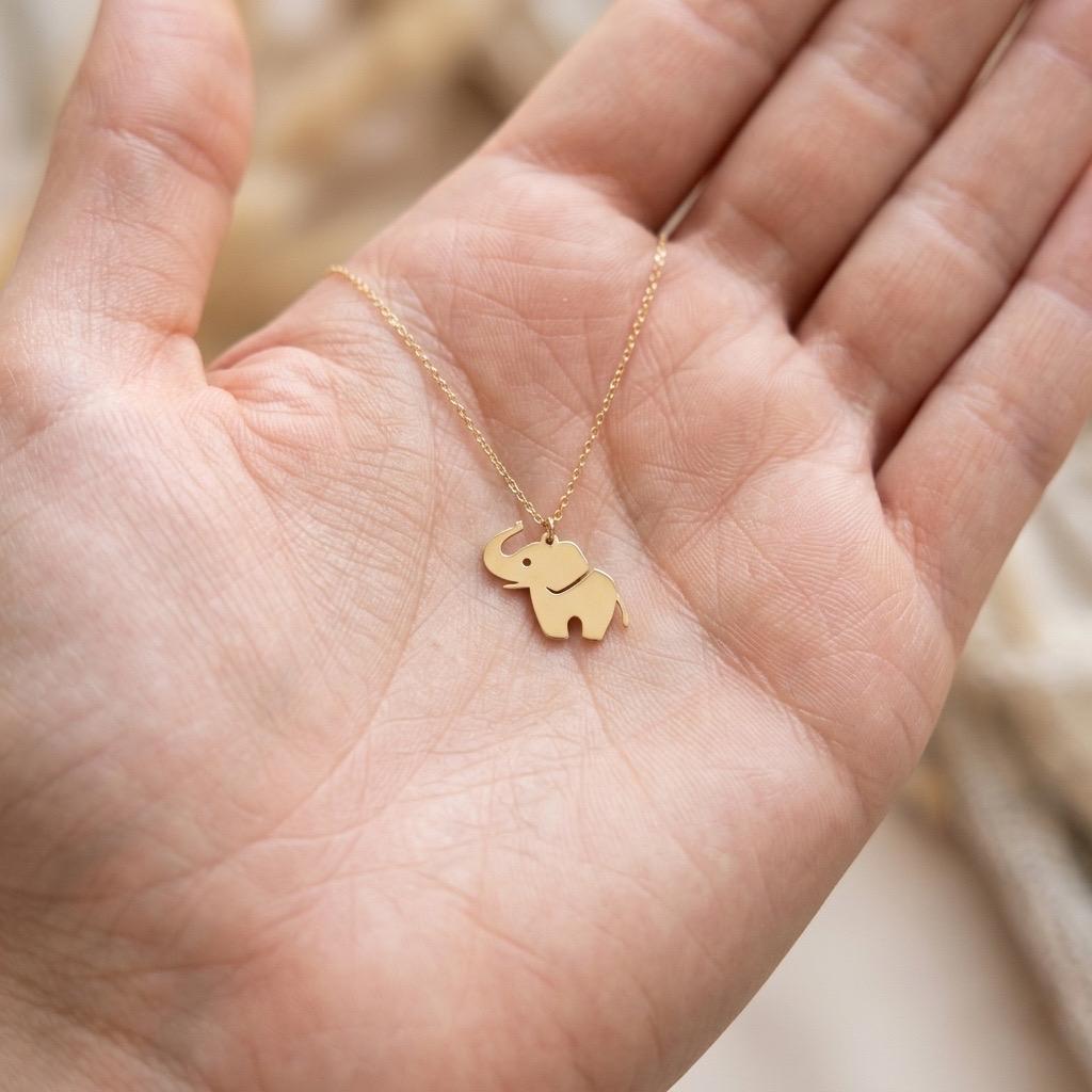 14K Gold Baby Elephant Necklace, Dainty Animal Pendant