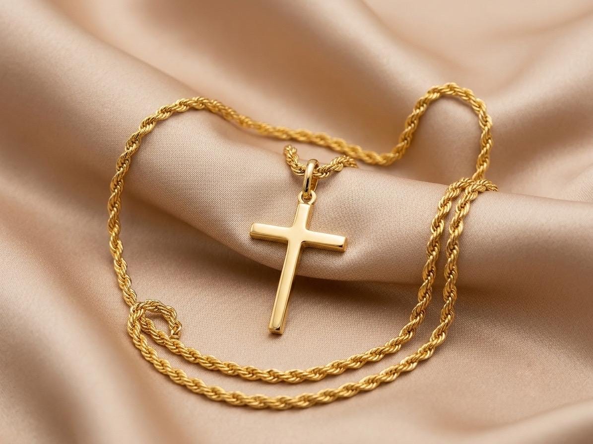 18k Real Gold Cross Necklace: 3mm Rope Chain, Nice Gift