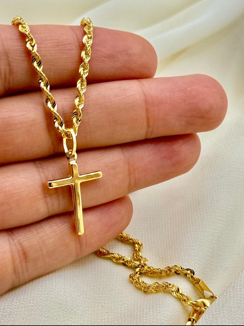 18k Real Gold Cross Necklace: 3mm Rope Chain, Nice Gift