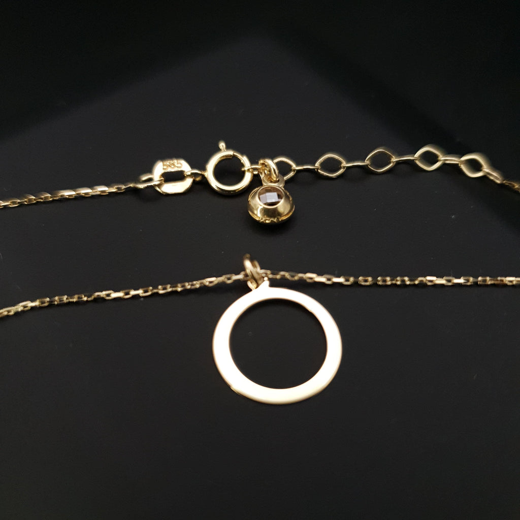 14K Gold Ring Necklace: Minimalist Circle Pendant, 18 inch Chain