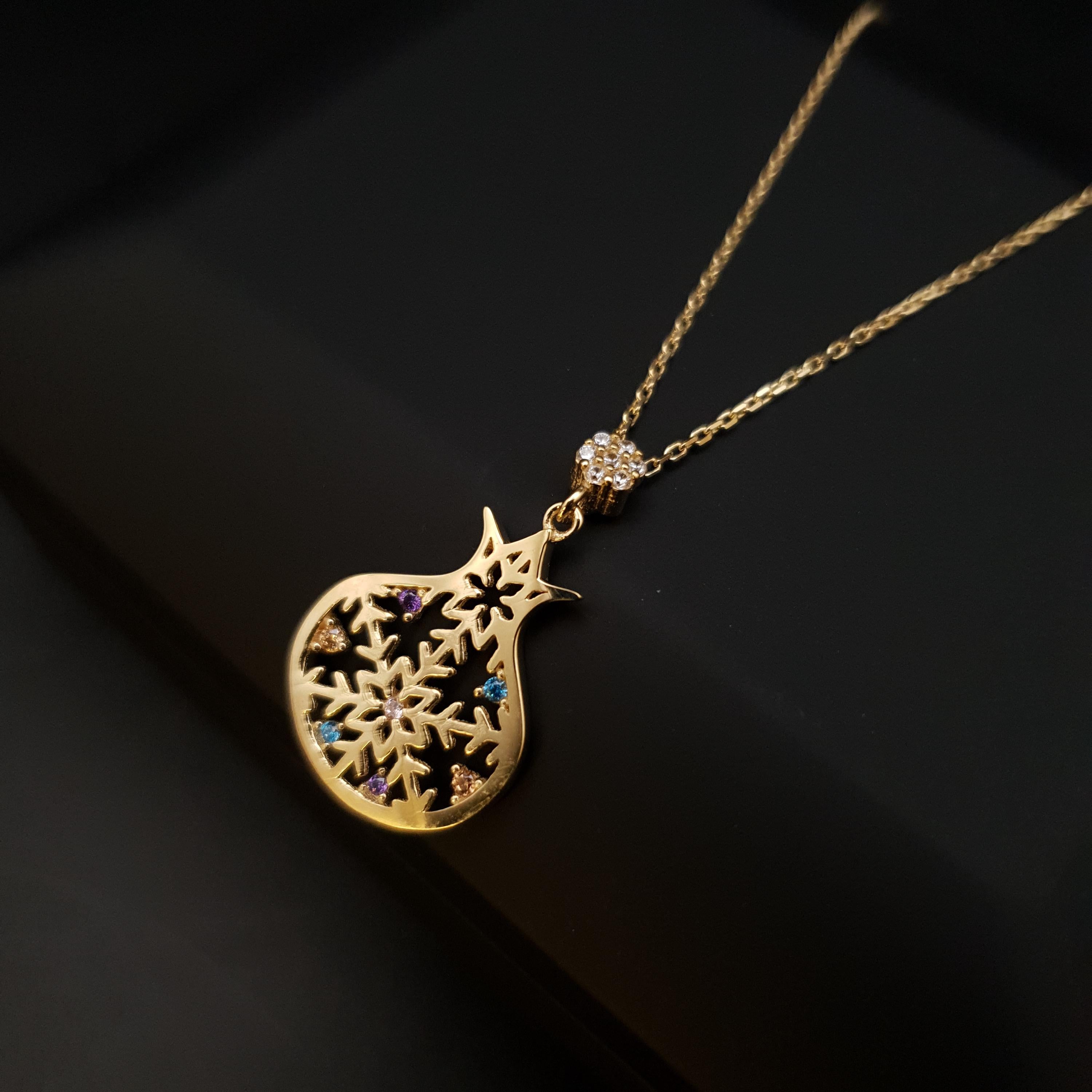 18K Gold Pomegranate Snowflake Necklace, Dainty Pendant