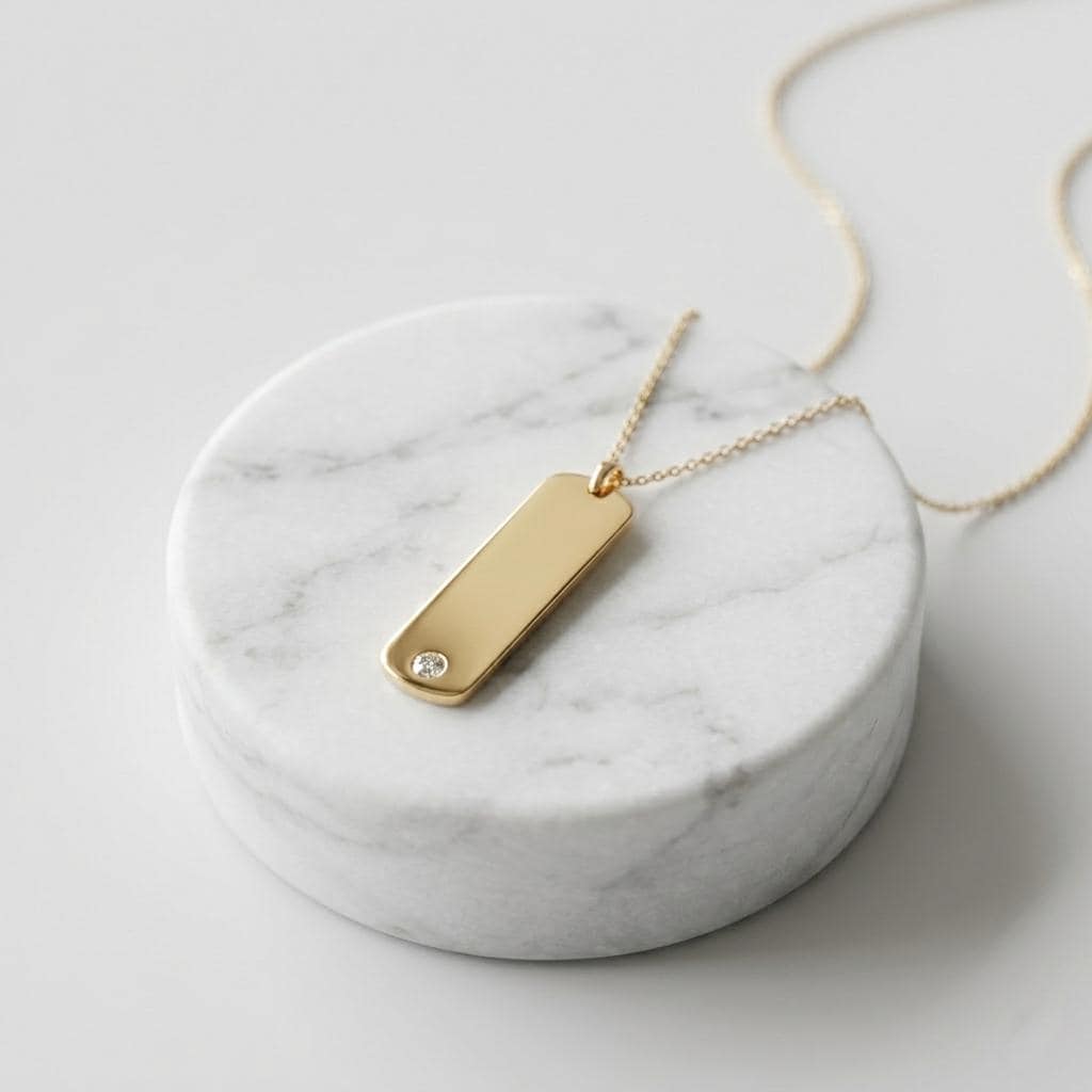 14K Gold Rectangle Plate Necklace with Charm