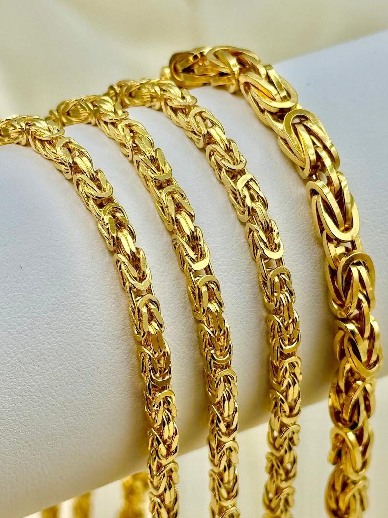 14K Real Gold Byzantine Chain Necklace: 3mm - 5mm Thickness. Everyday gold jewelry