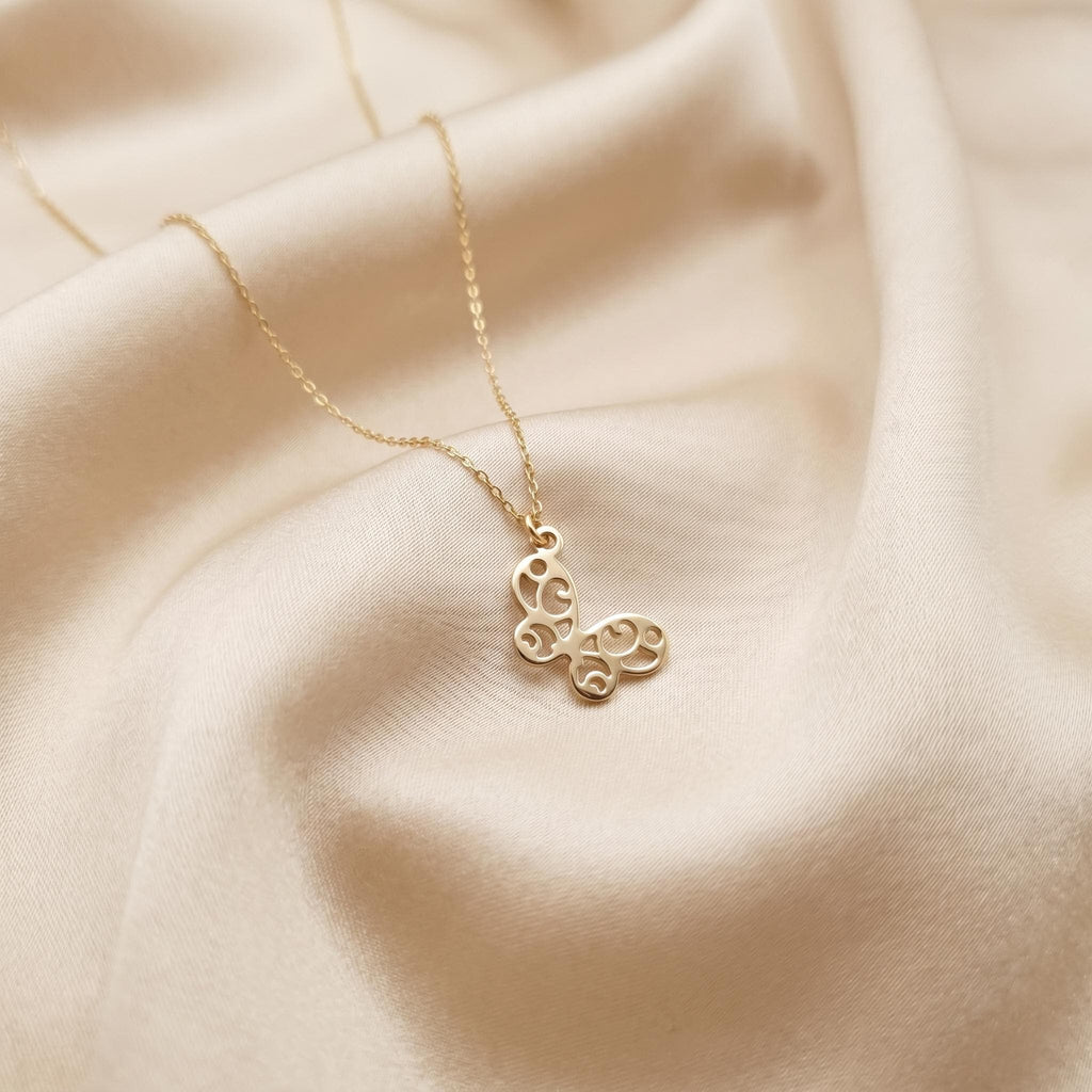 14K Gold Mini Butterfly Necklace: Delicate Charm Pendant