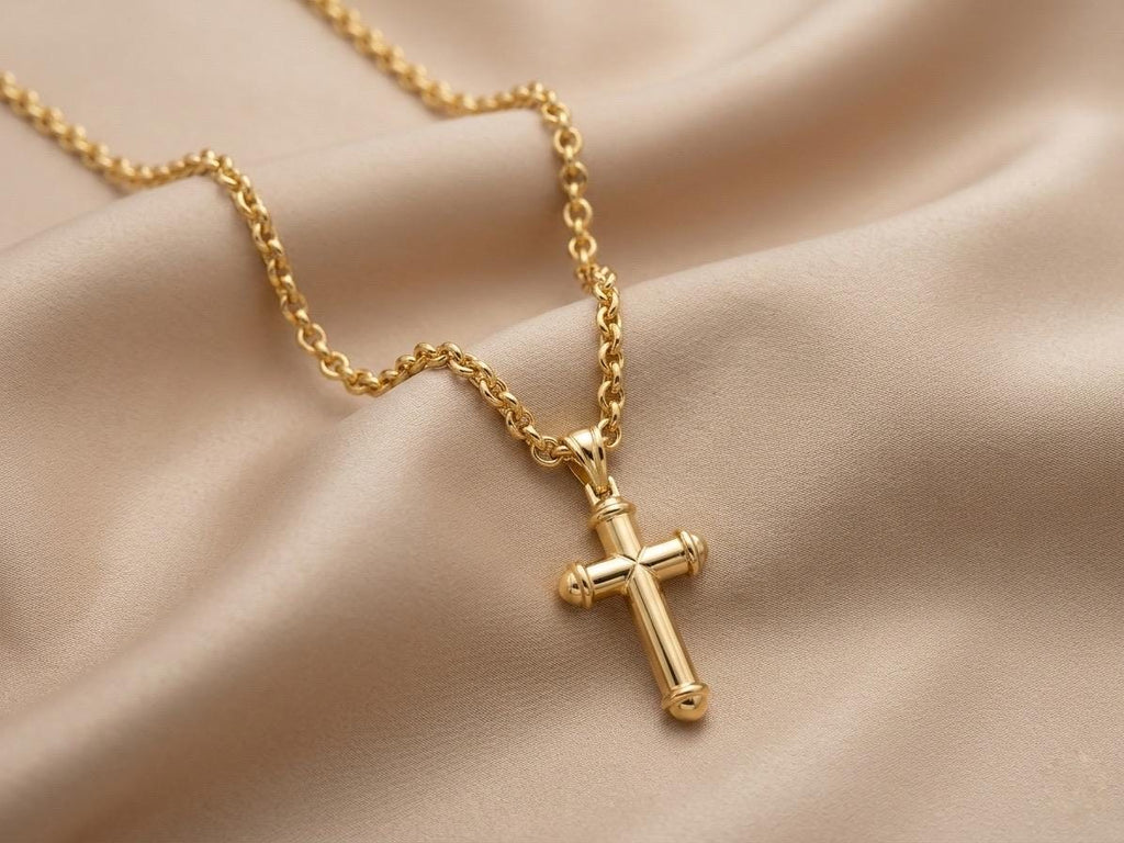 14k Real Gold Cross Necklace: Chunky Rolo Chain, Nice Gift