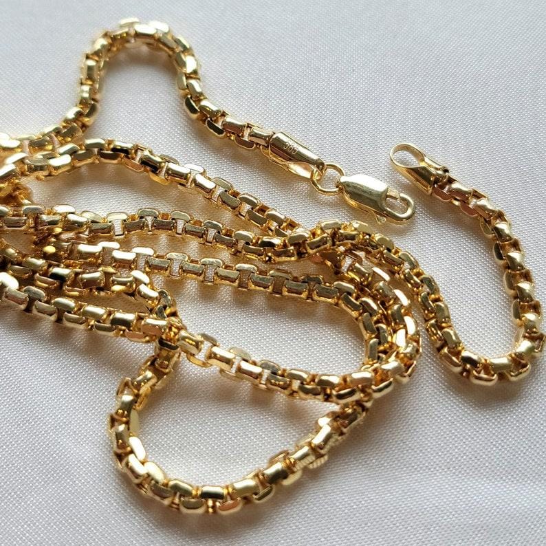 14K Solid Real Gold Box Chain Necklace 3.5mm, Unisex