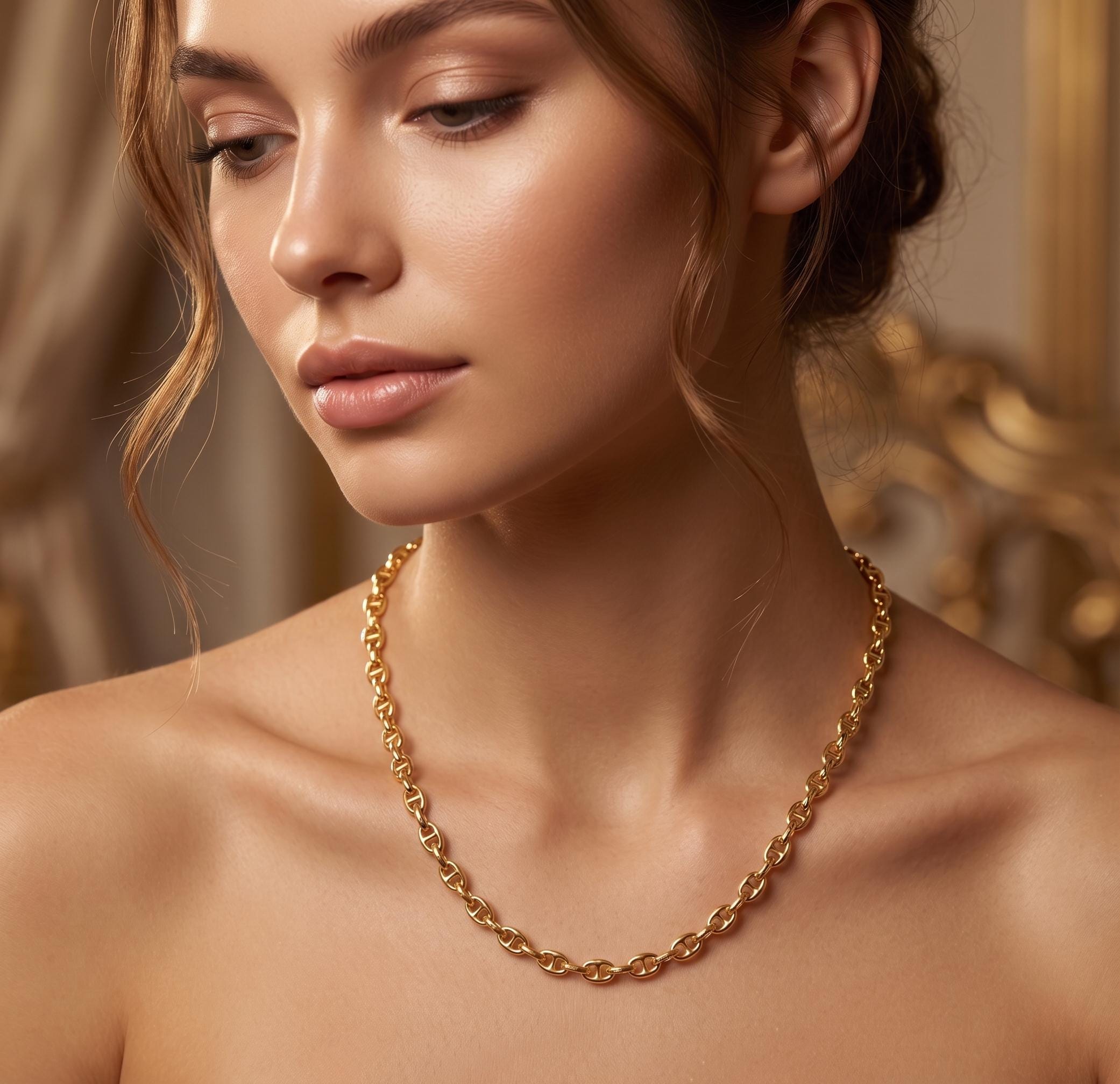18k Gold Anchor Chain Necklace, 3.5mm Mariner Link