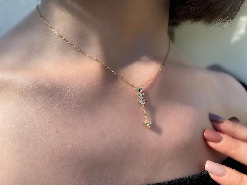 18k Solid Gold Diamond Triangle Lariat Necklace, Geometric Pendant,