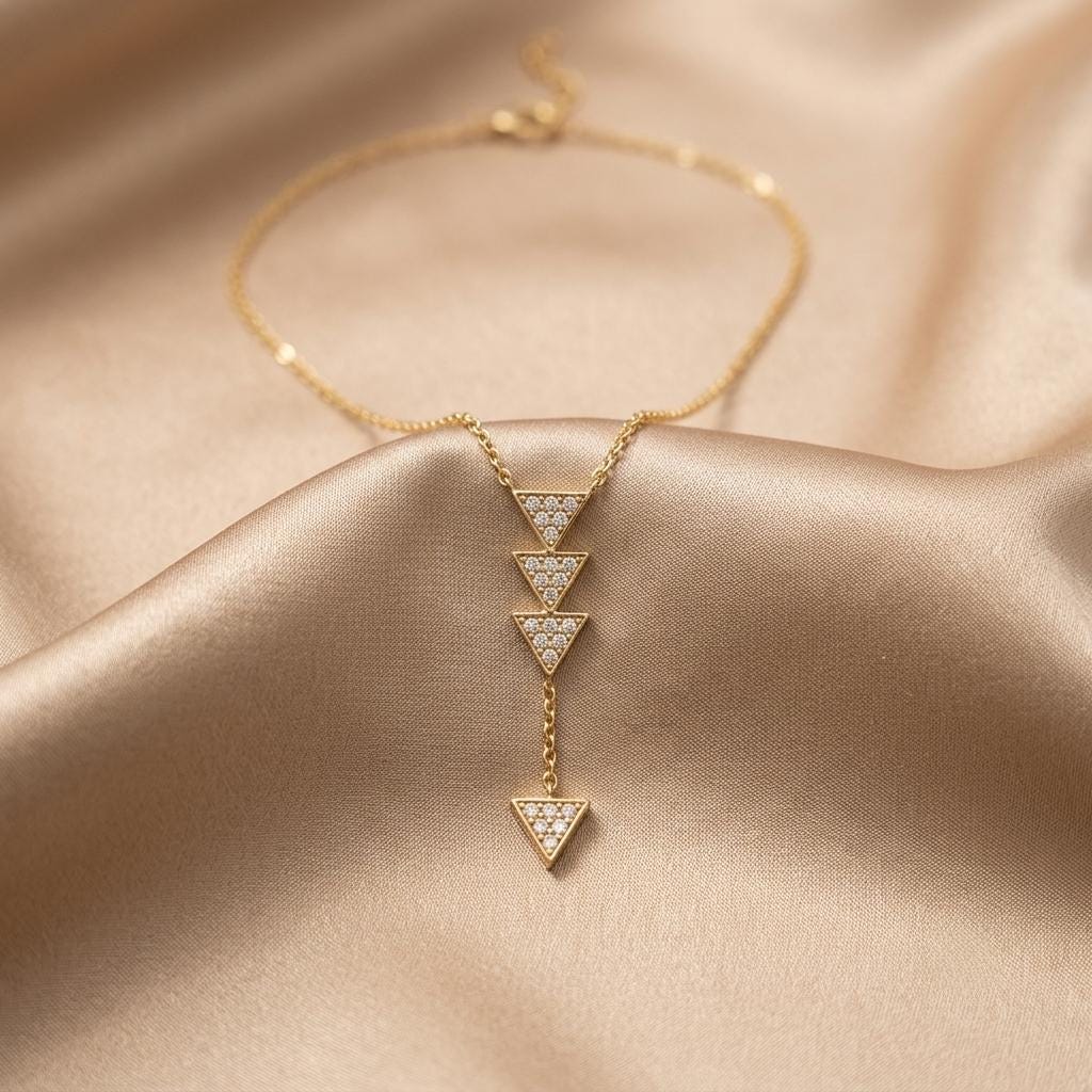 18k Solid Gold Diamond Triangle Lariat Necklace, Geometric Pendant,
